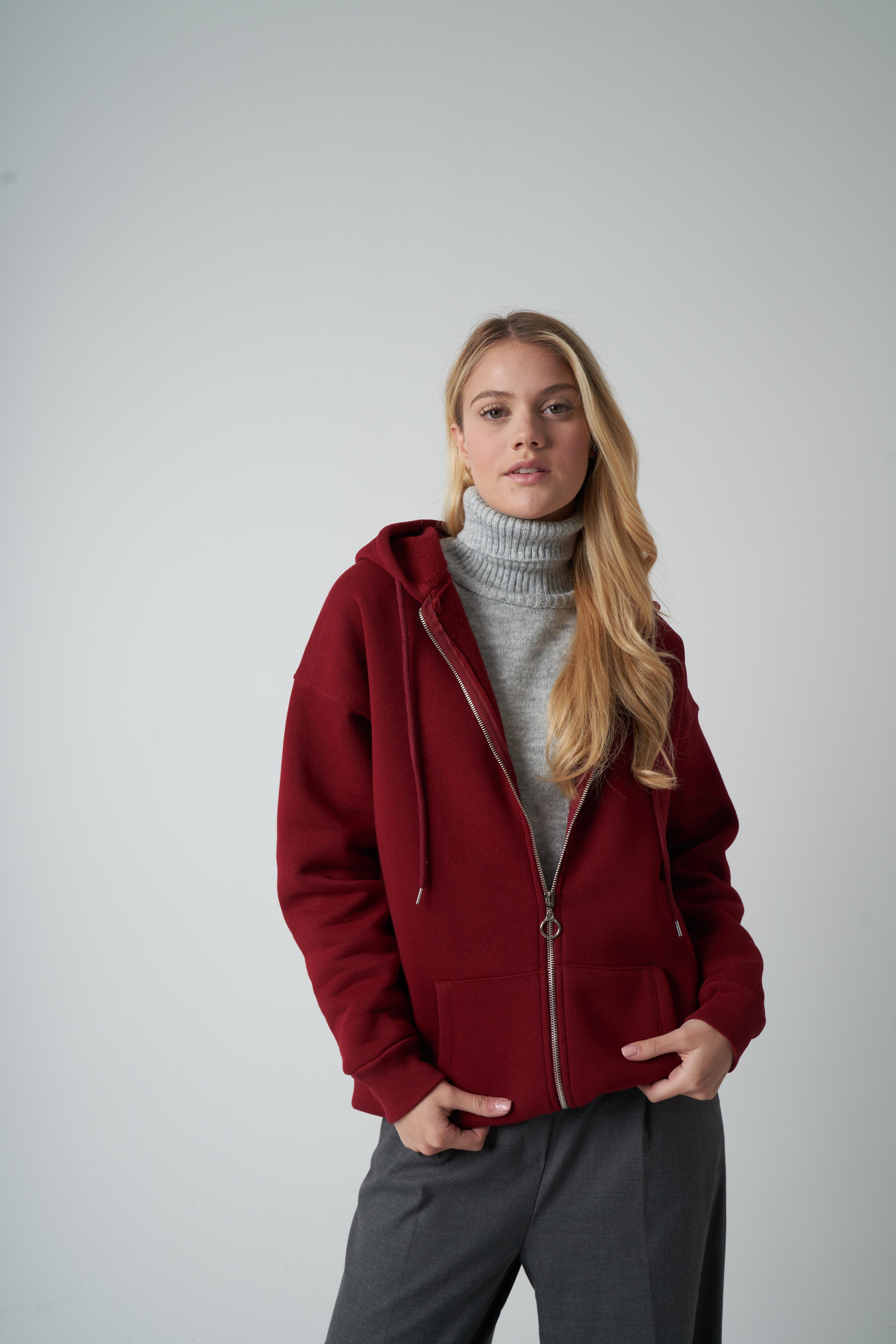 Kapüşonlu Oversize Sweatshirt Ceket Bordo