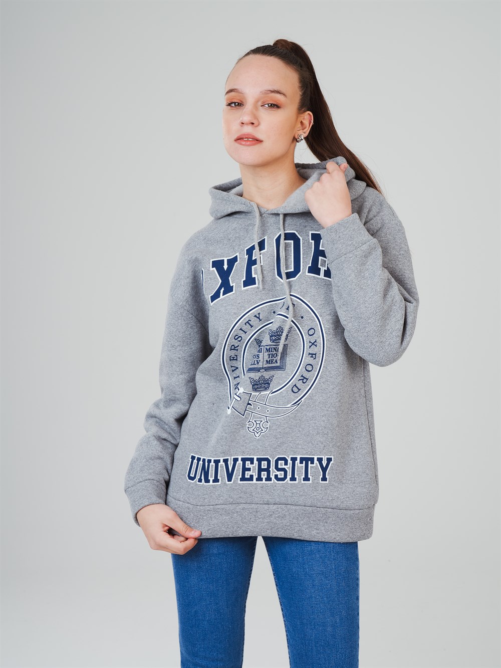 Kapüşonlu Oxford Yazı Baskılı Şardonlu Oversize Sweatshirt