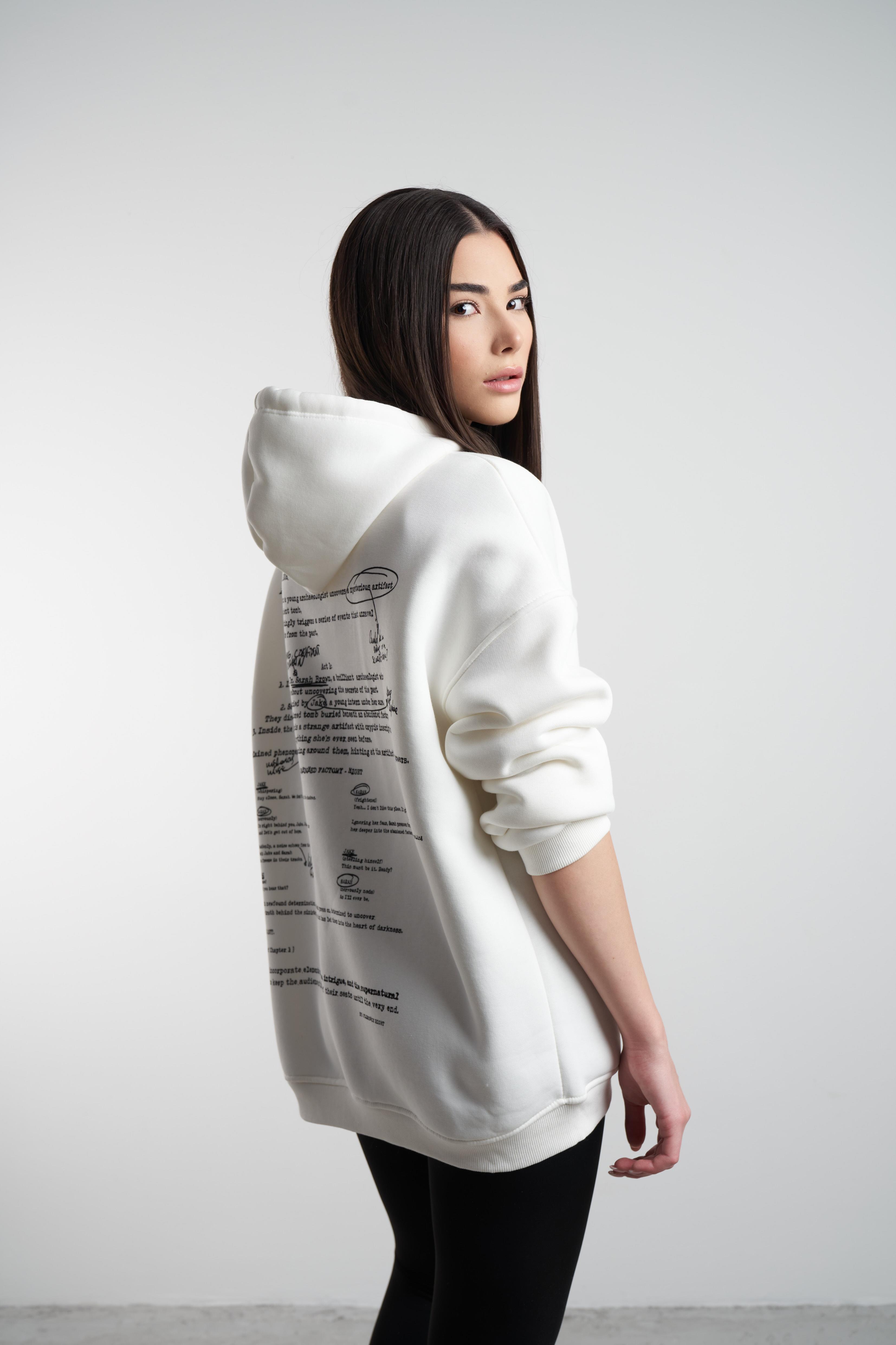 Kapüşonlu Yazı Baskı Şardonlu Sweatshirt Ekru