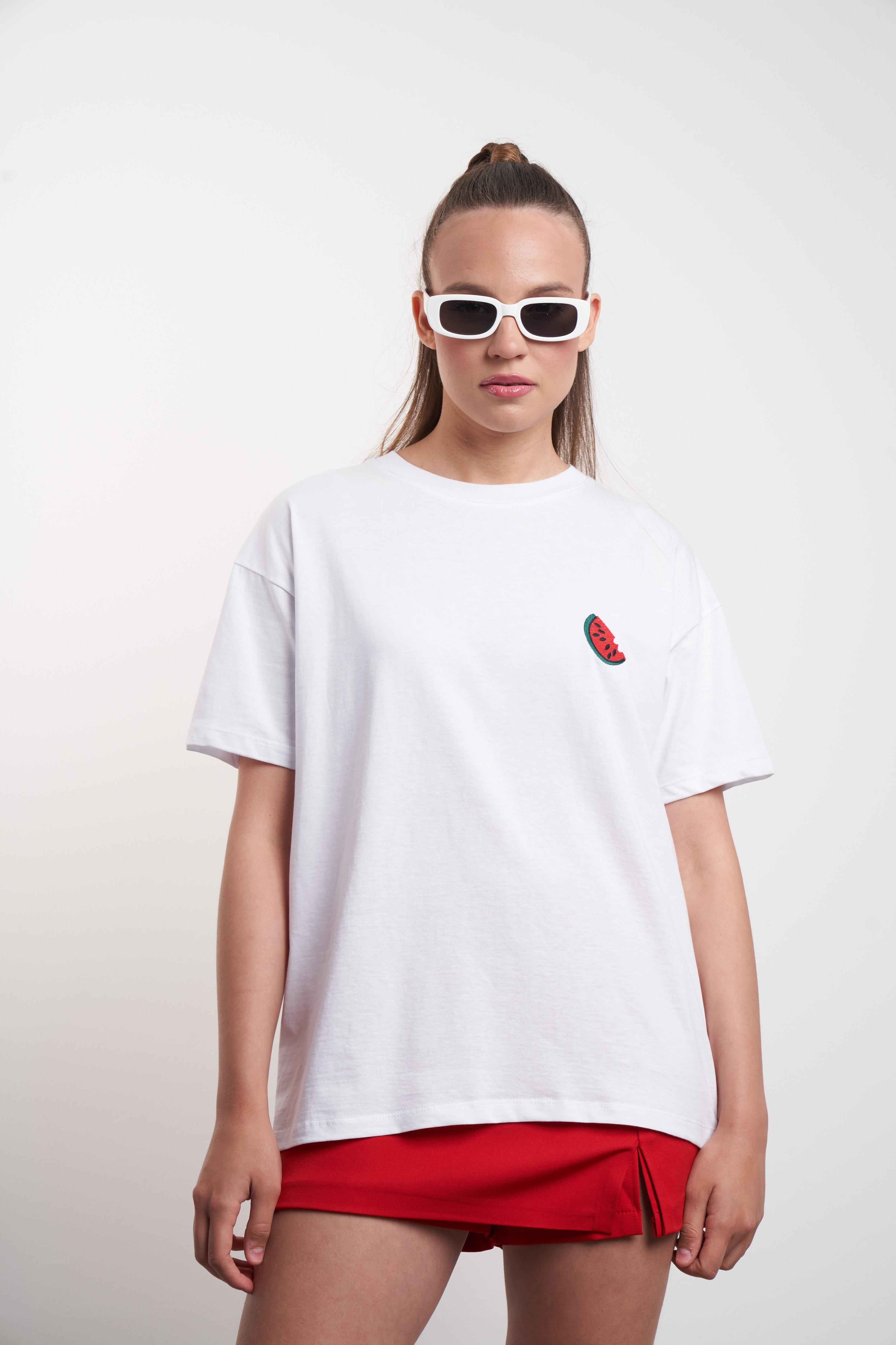 Karpuz Nakış Baskılı T-shirt Beyaz