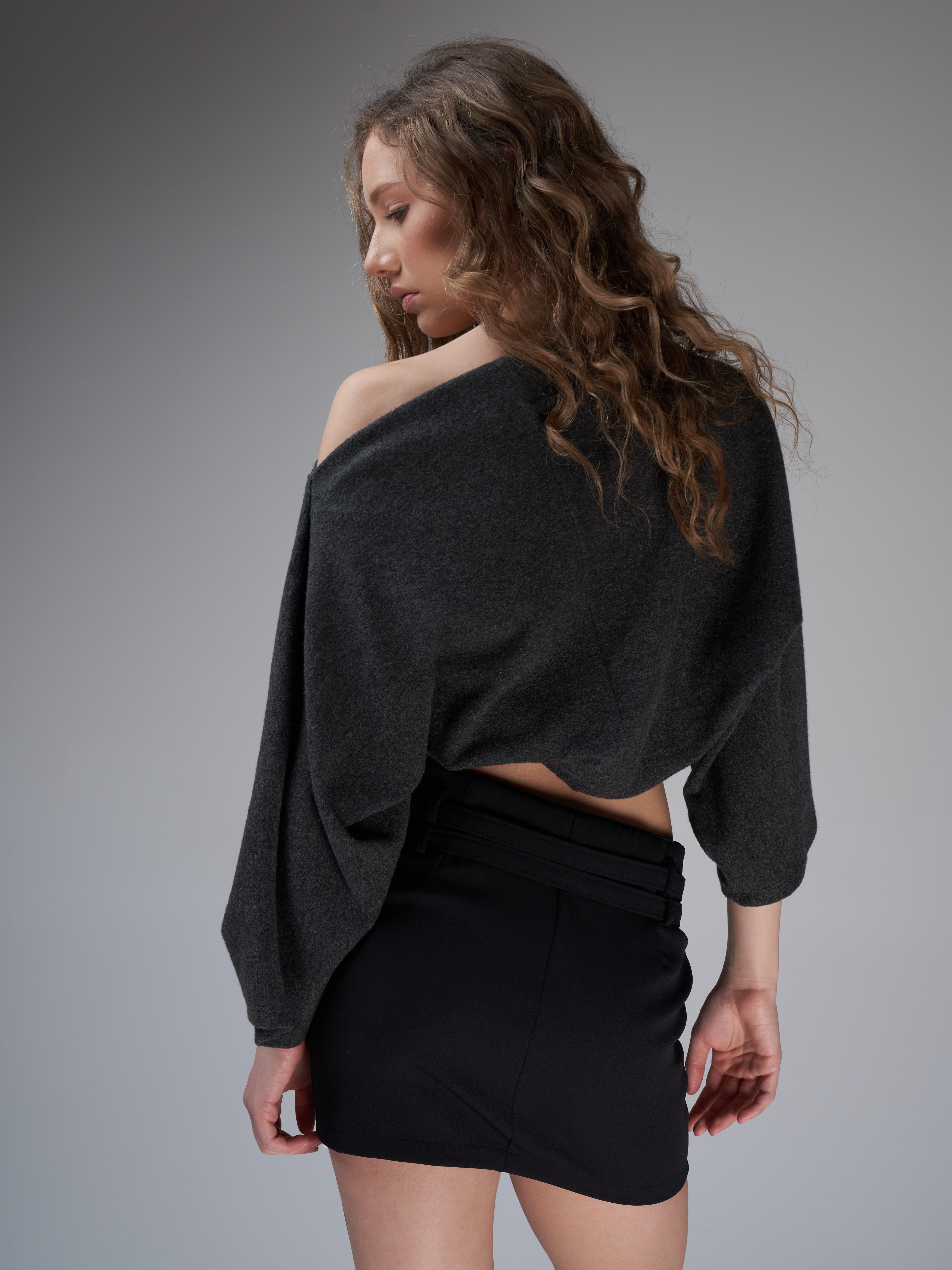 Kayık Yaka Yarasa Kol Bluz Antrasit Melanj