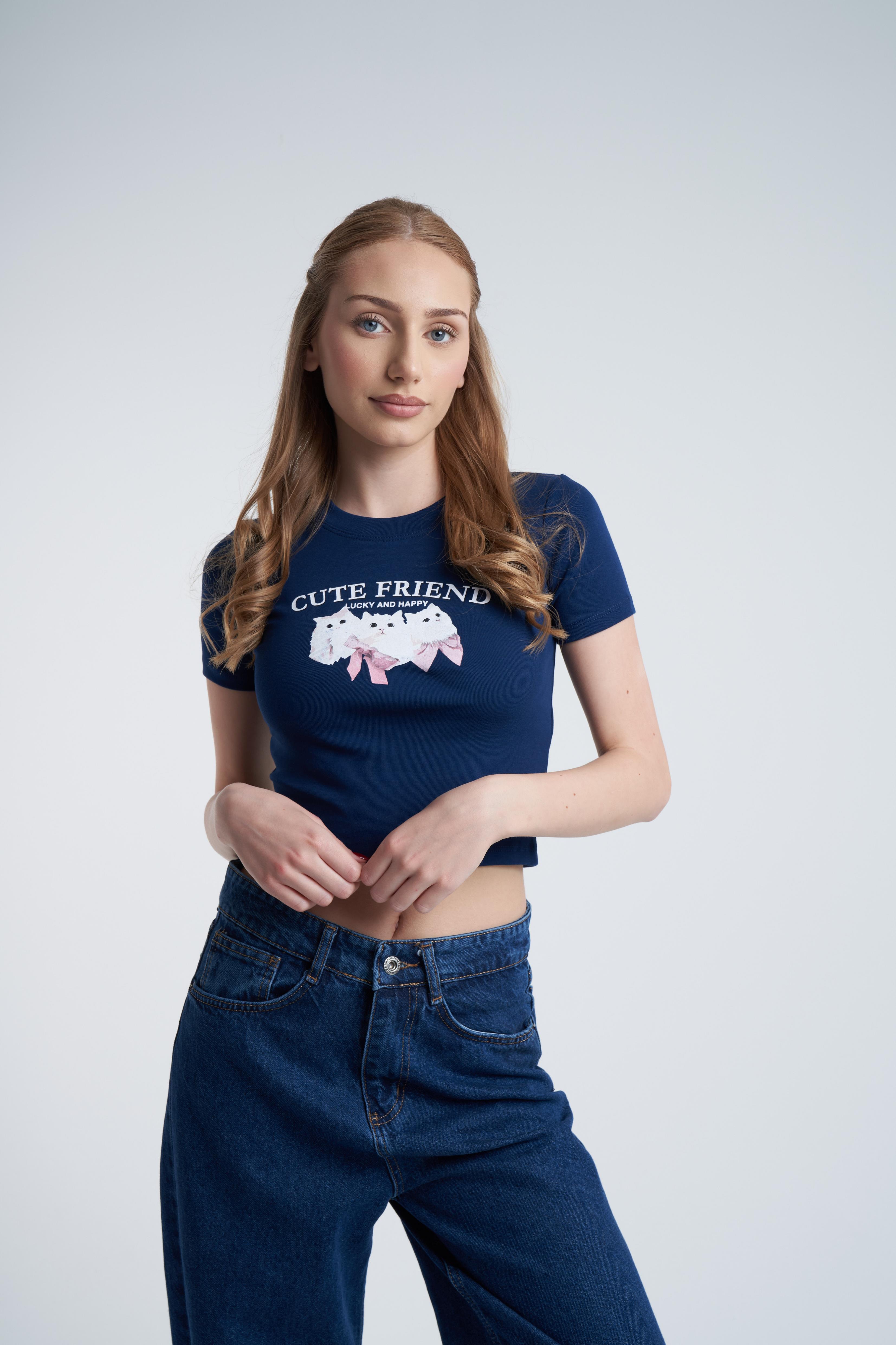 Kedi Baskılı Kısa T-shirt Lacivert