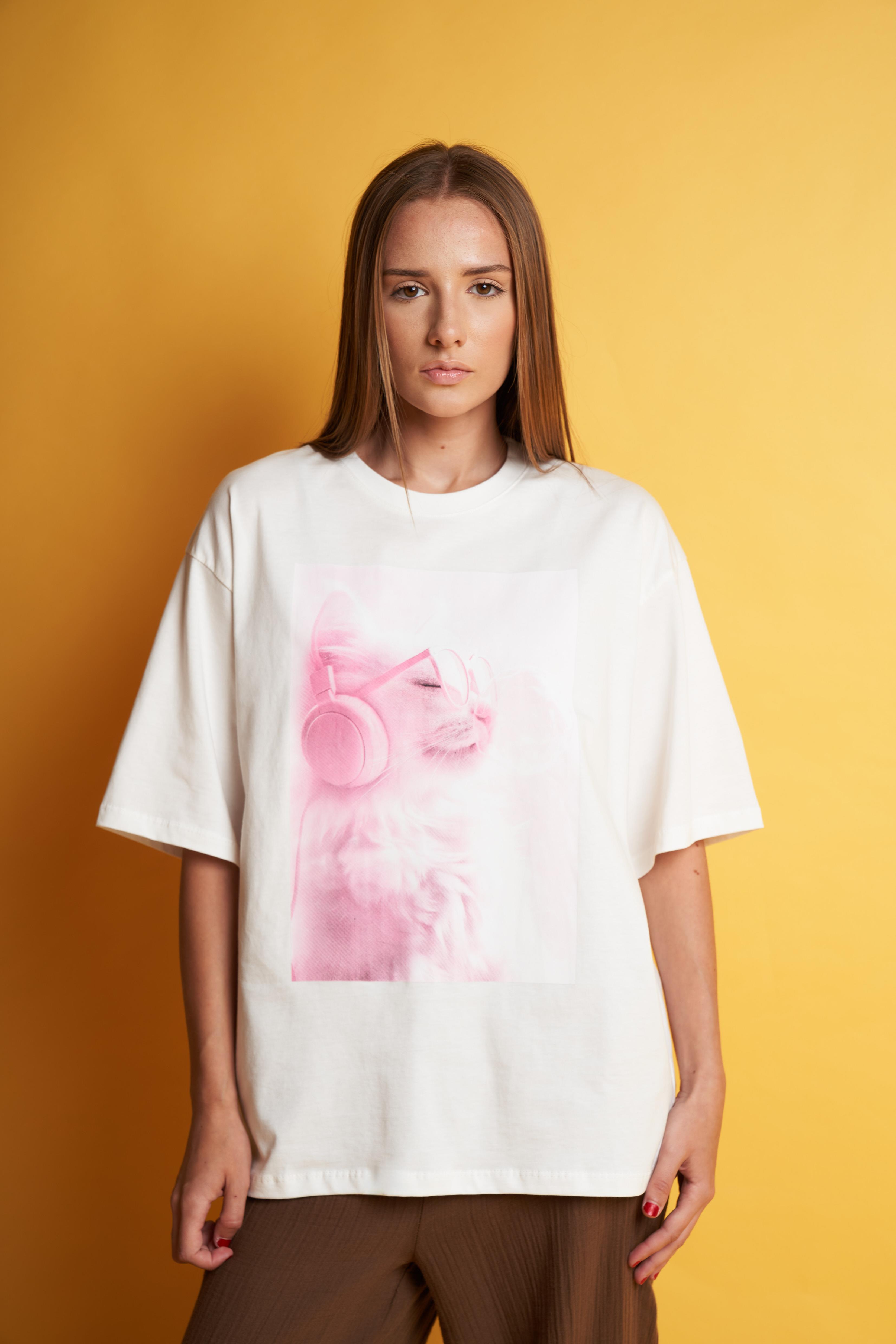 Kedi Baskılı Oversize Kısa Kol T-shirt Ekru