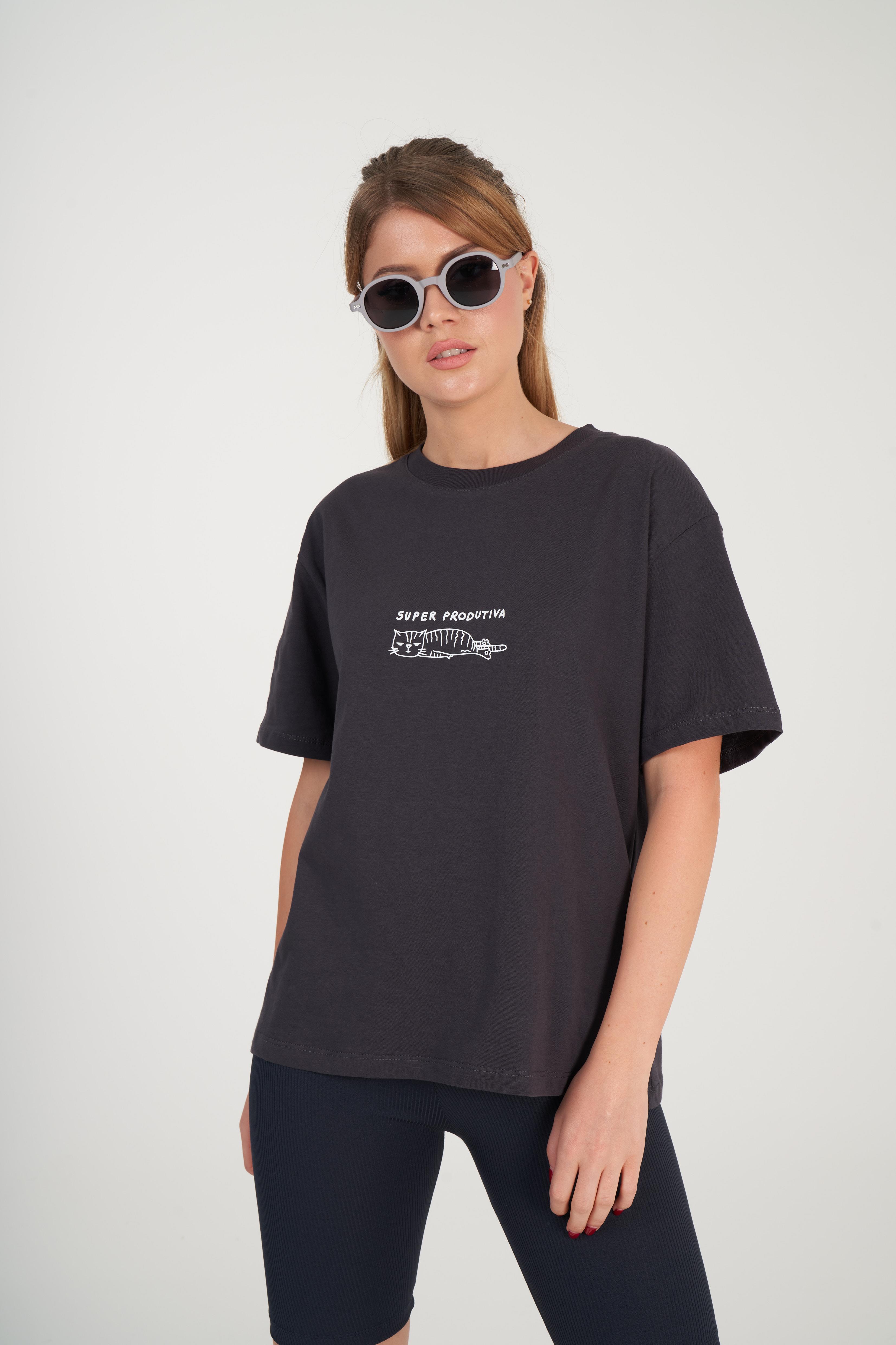 Kedi Baskılı T-shirt Antrasit