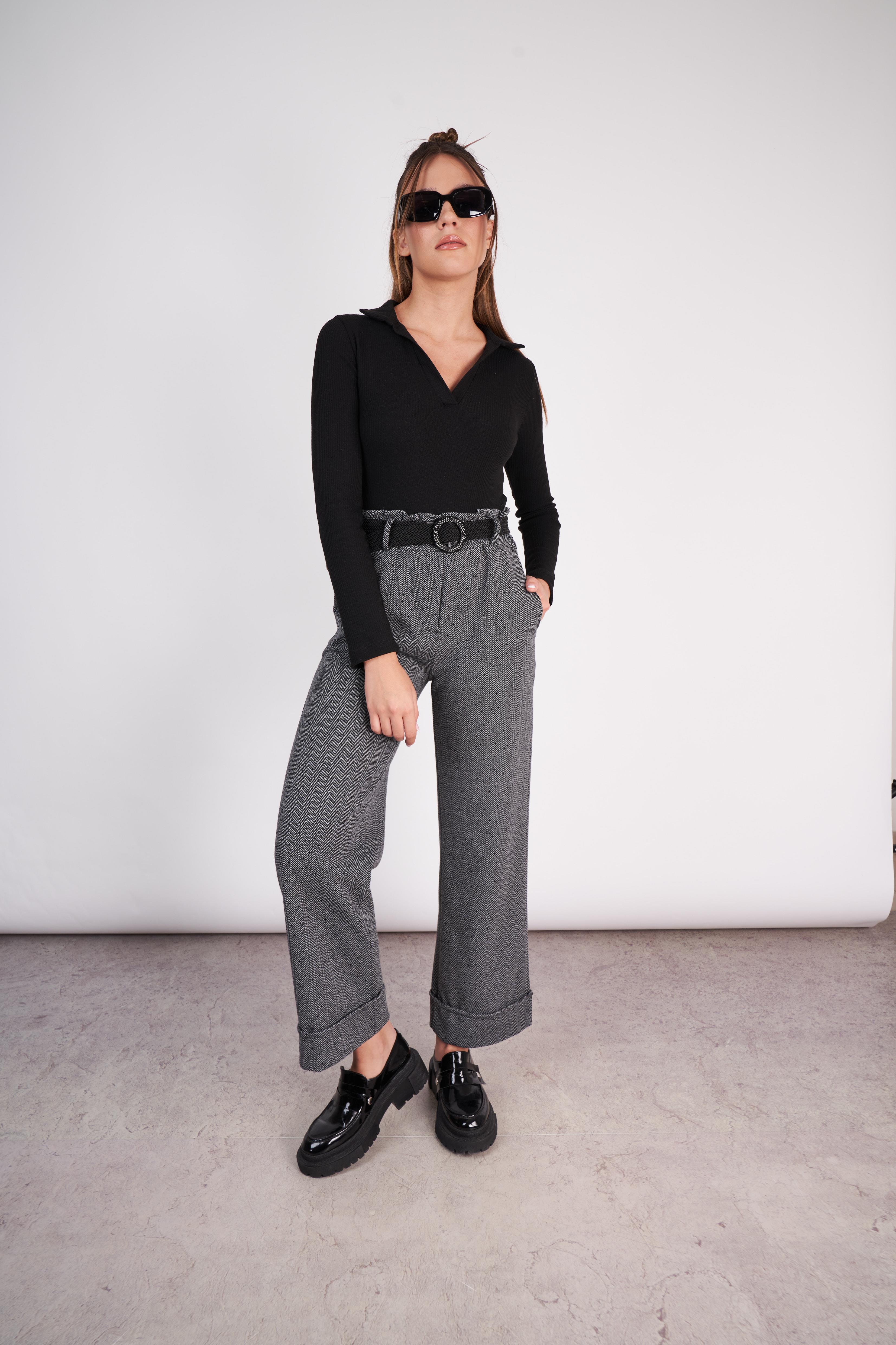 Kemerli Bol Paça Pantolon Balıksırtı