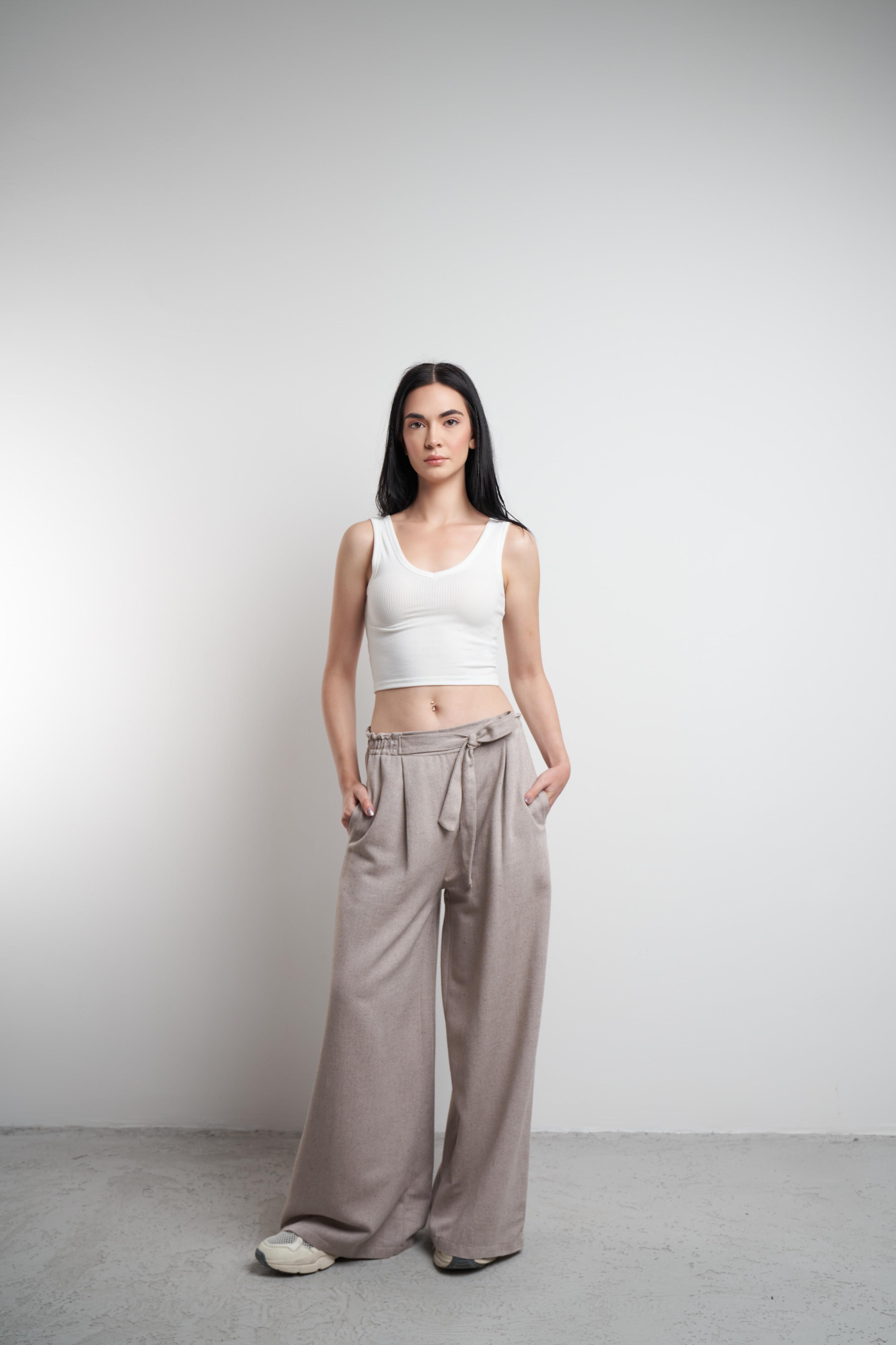 Keten Bol Paça Pantolon Kahve