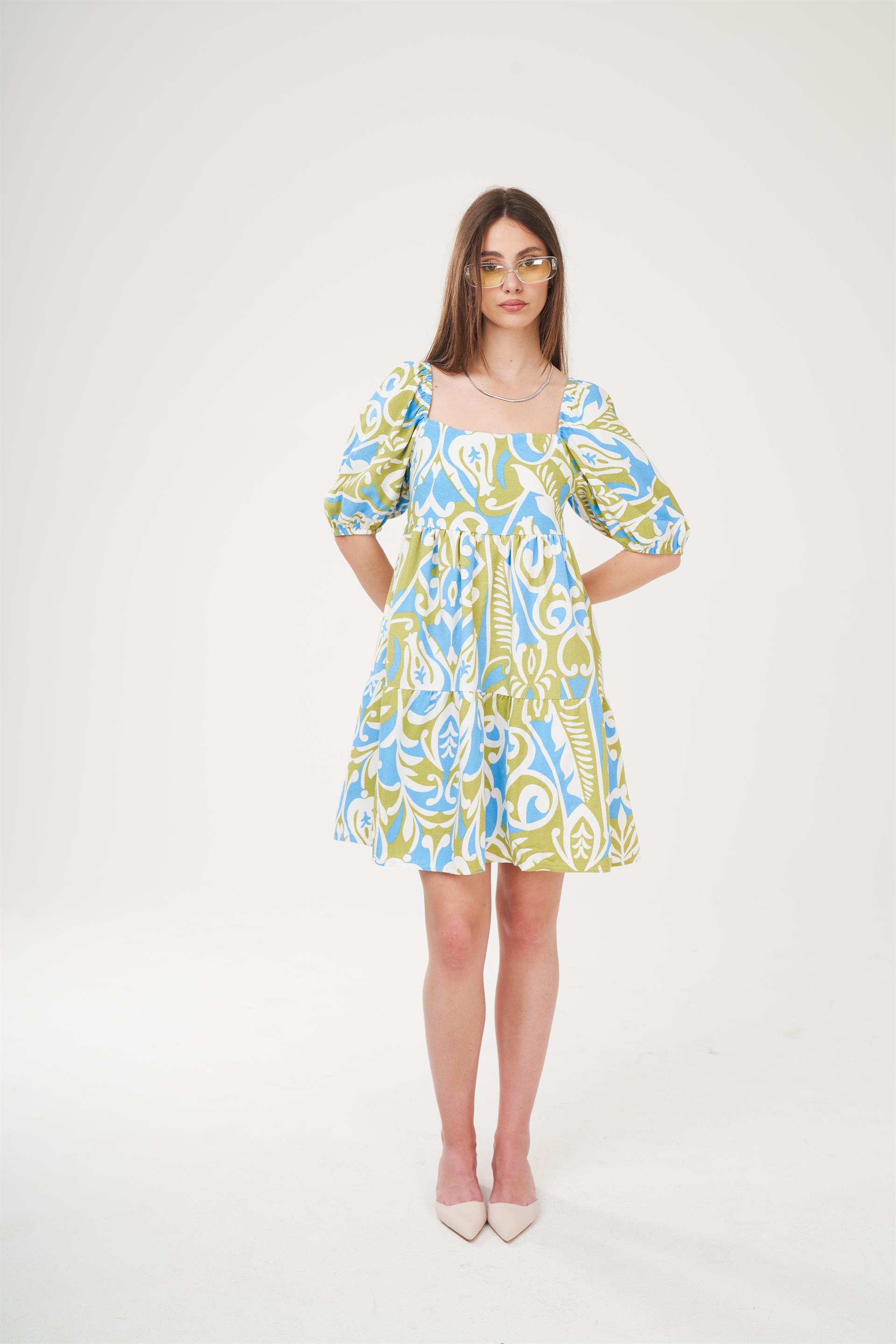 Keten Desenli Kısa Elbise