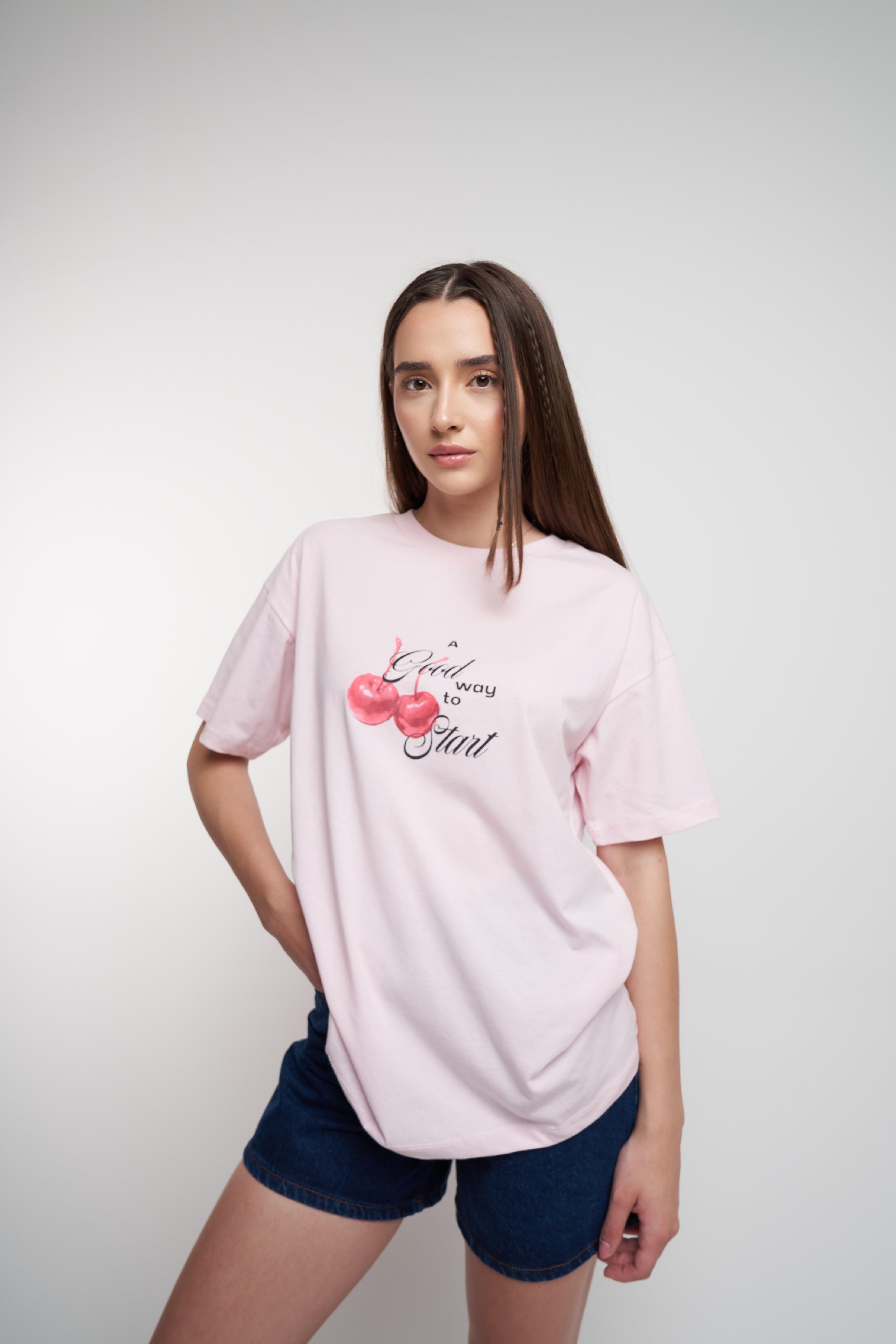 Kiraz Baskılı Oversize Kısa Kol T-shirt Toz Pembe