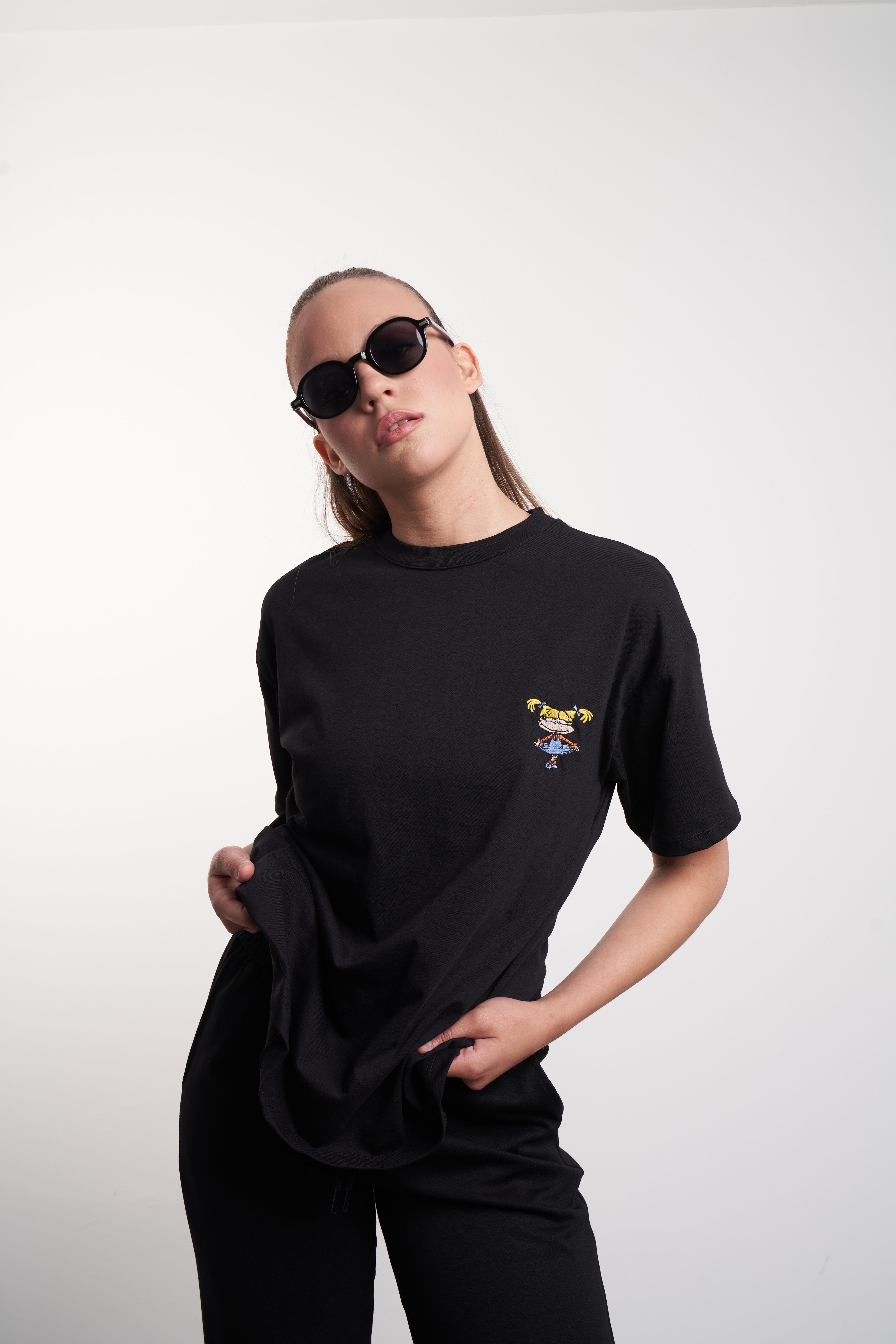 Kız Nakış Baskılı T-shirt Siyah