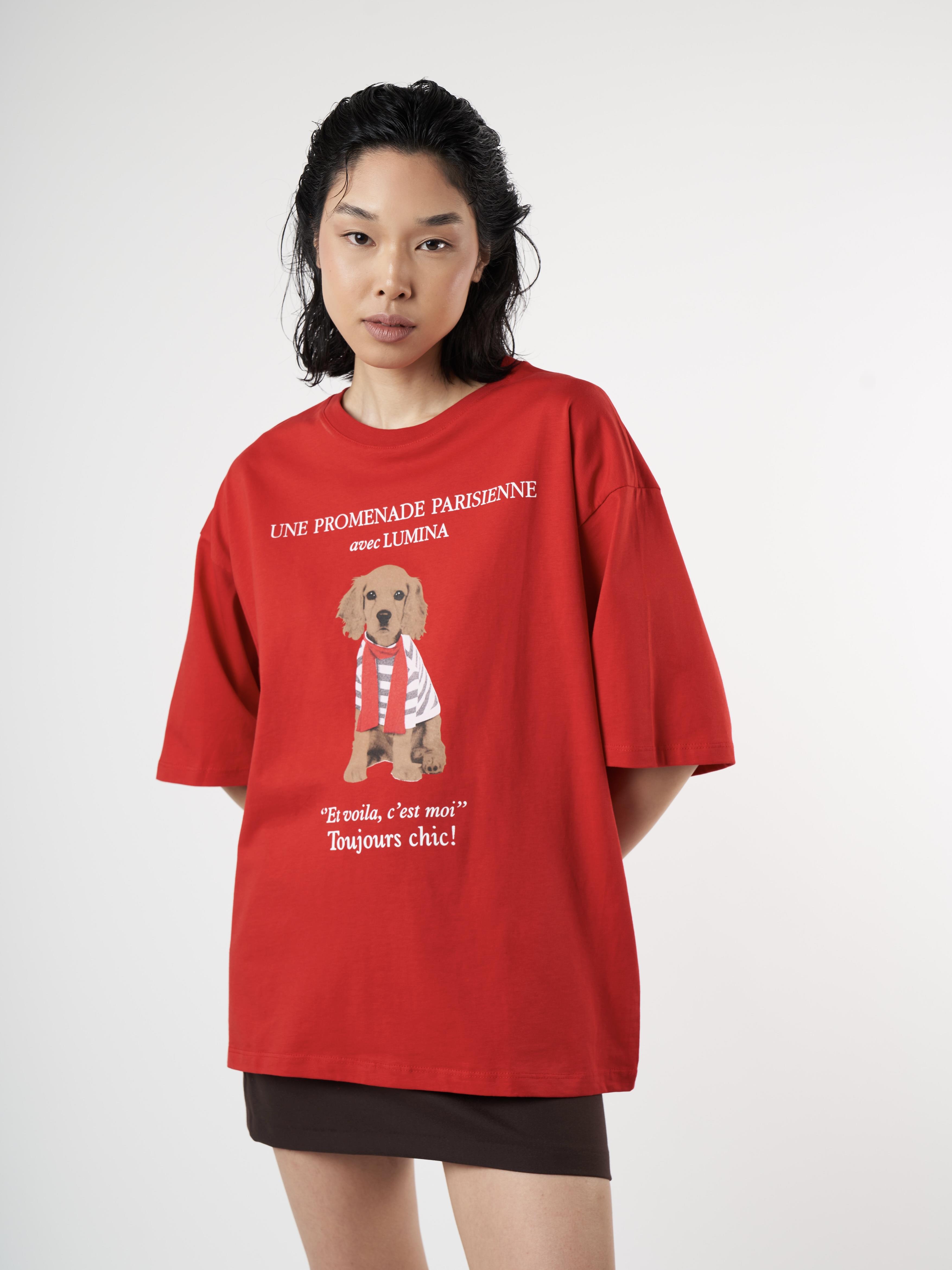 Köpek Baskılı Kısa Kol Oversize T-shirt Kırmızı