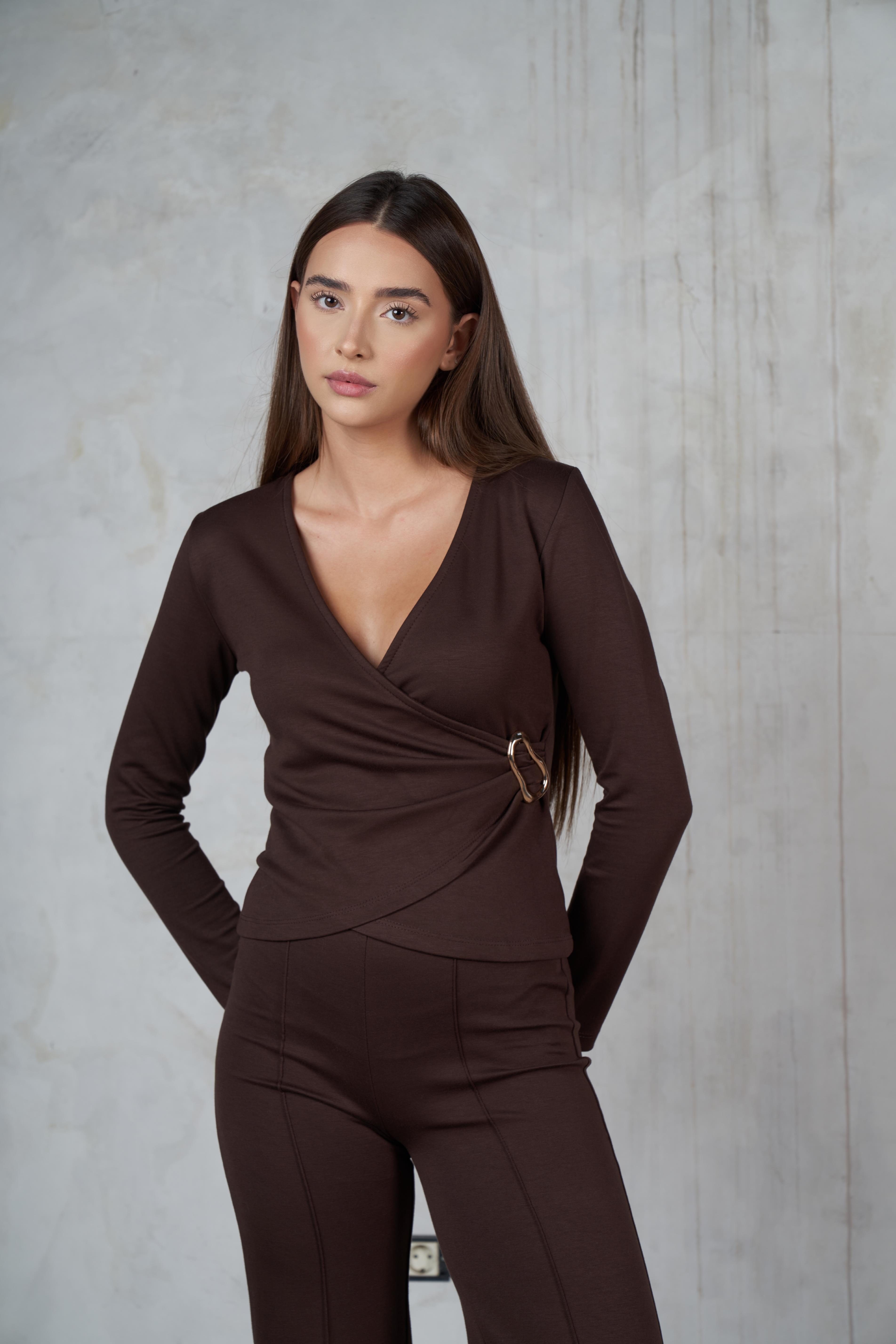 Kruvaze Uzun Kol Modal Bluz Kahve