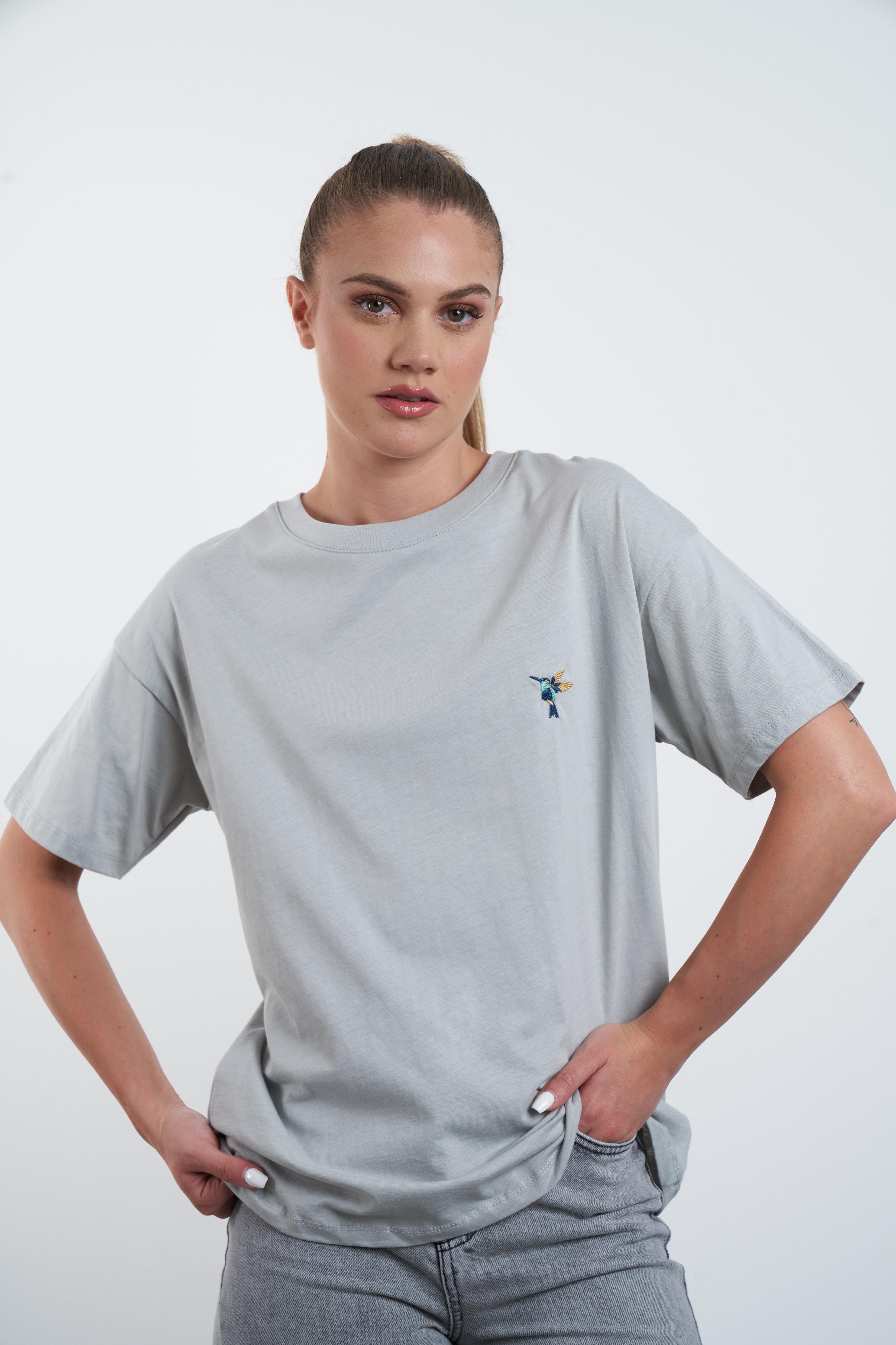 Kuş Nakış Baskılı T-shirt Açık Gri