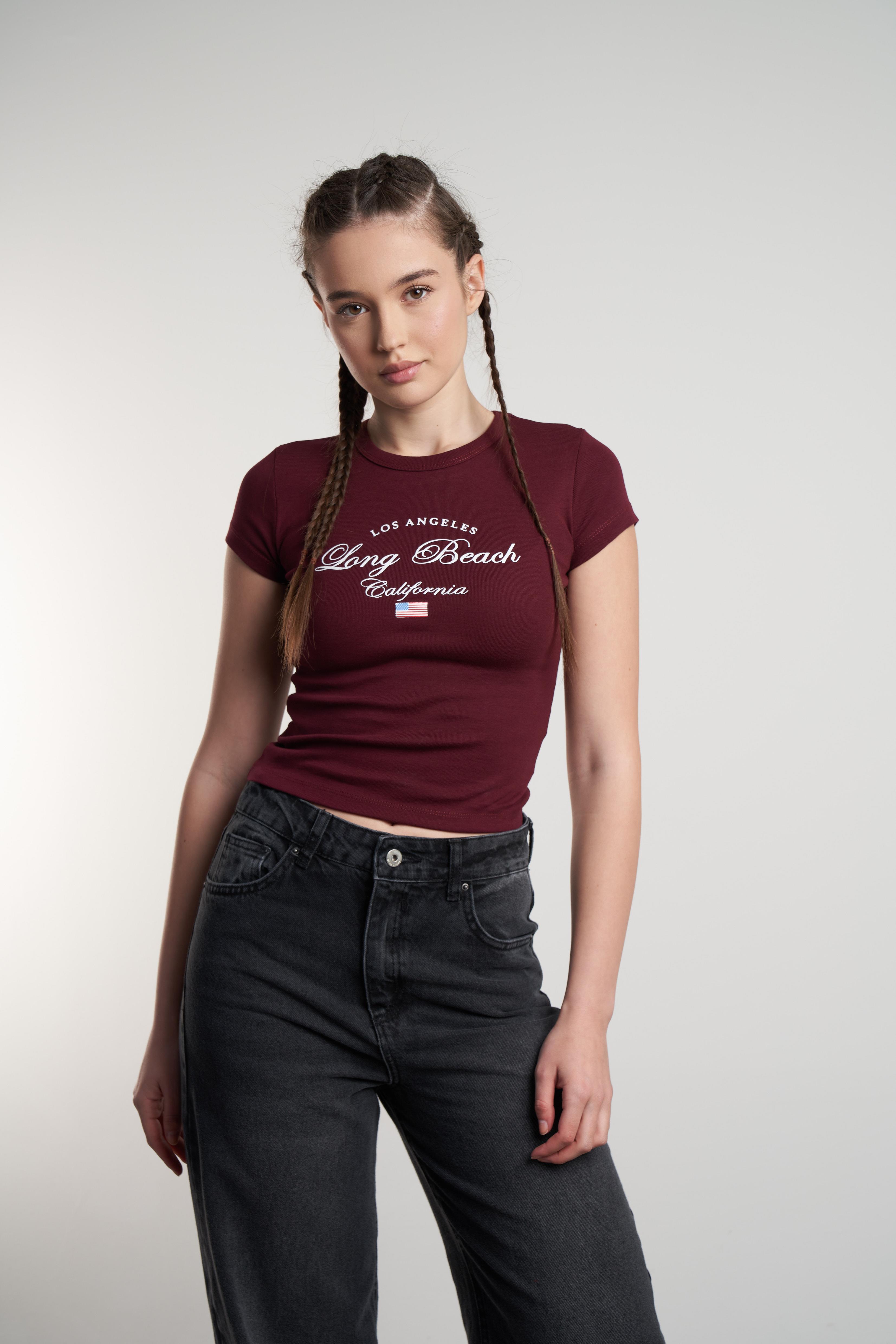 Long Beach Baskılı Kısa Kol Bluz Bordo
