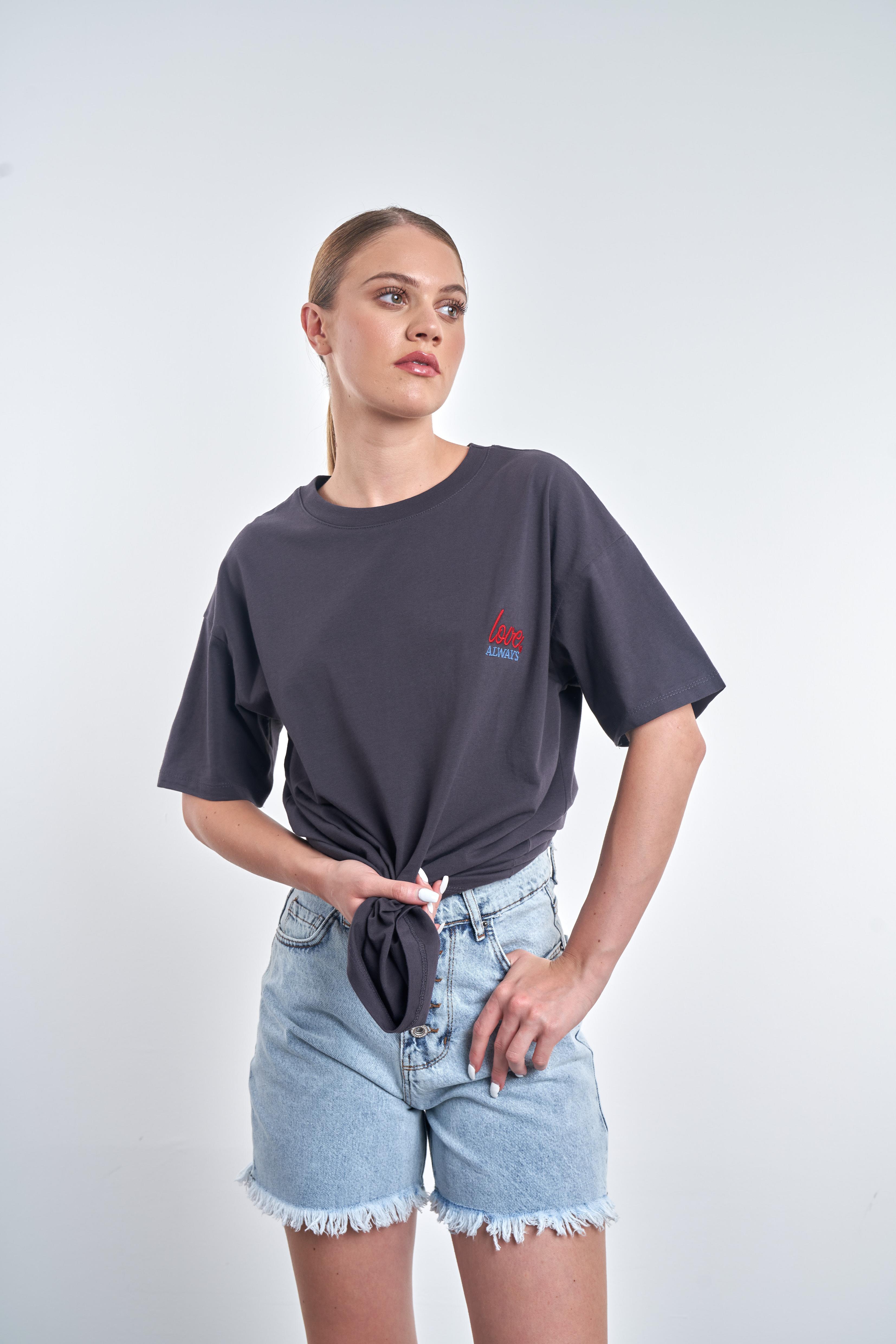 Love Always Nakış Baskılı T-shirt Antrasit
