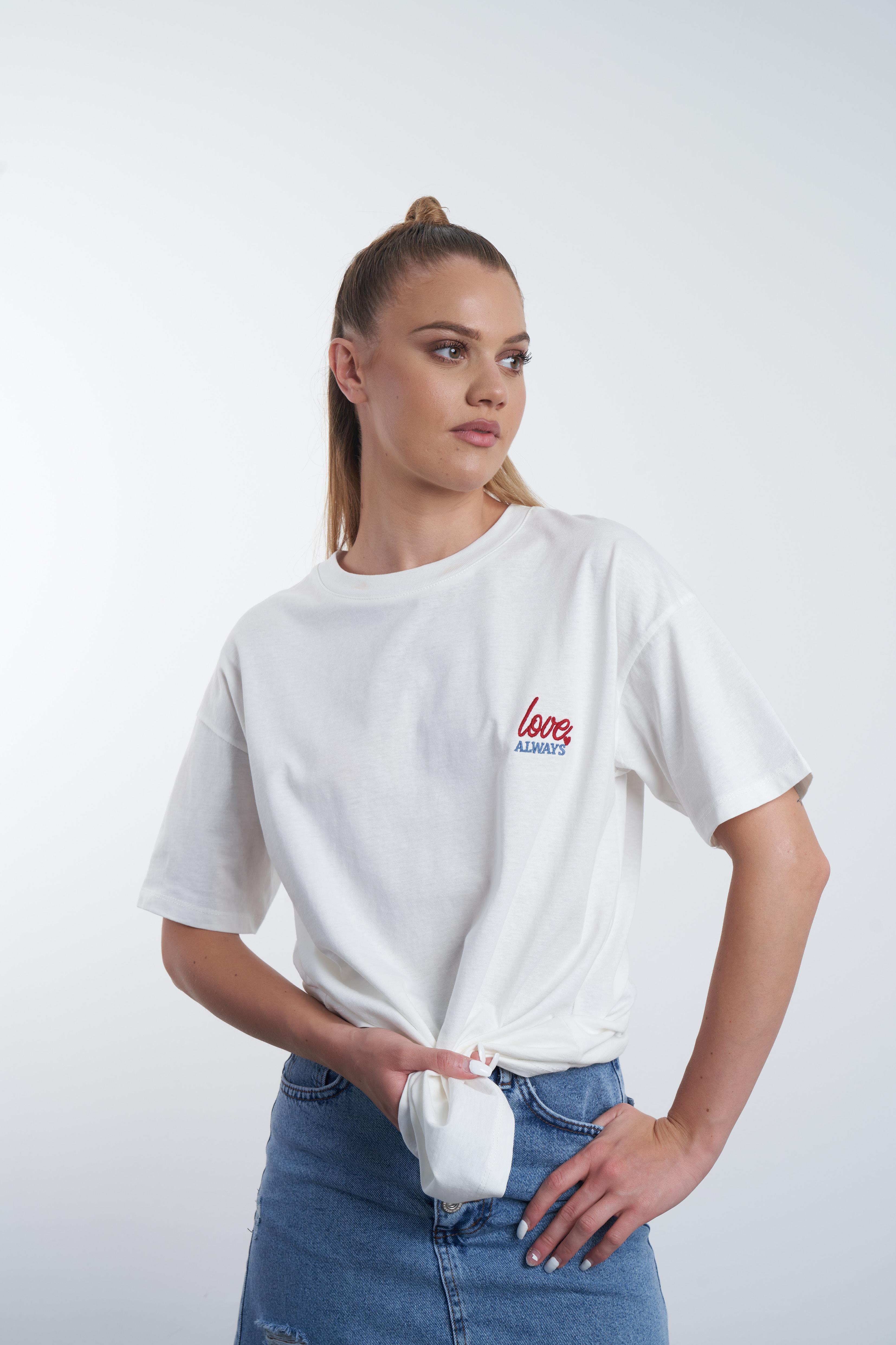 Love Always Nakış Baskılı T-shirt Ekru