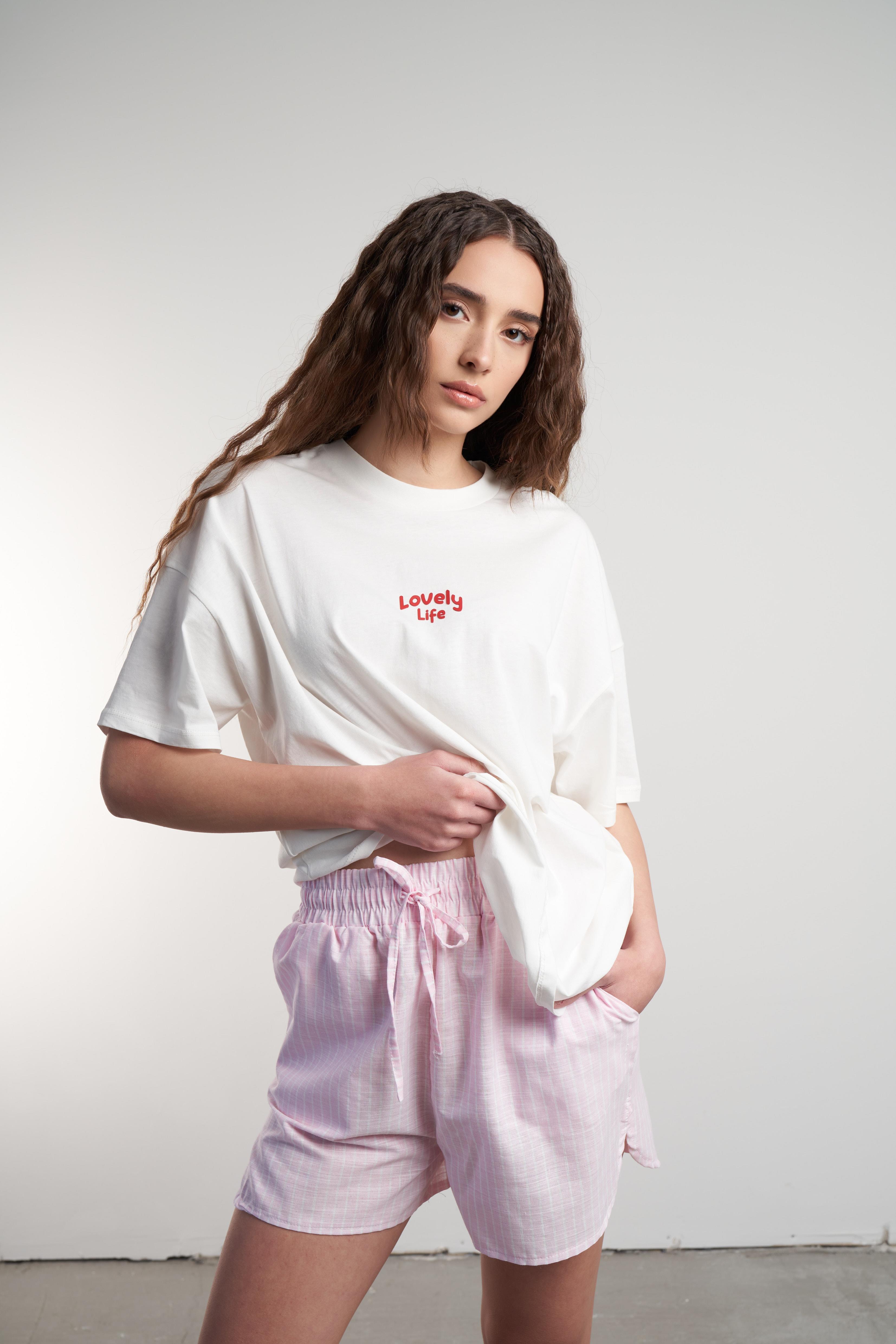 Lovely Life Baskılı Oversize Kısa Kol T-shirt Ekru