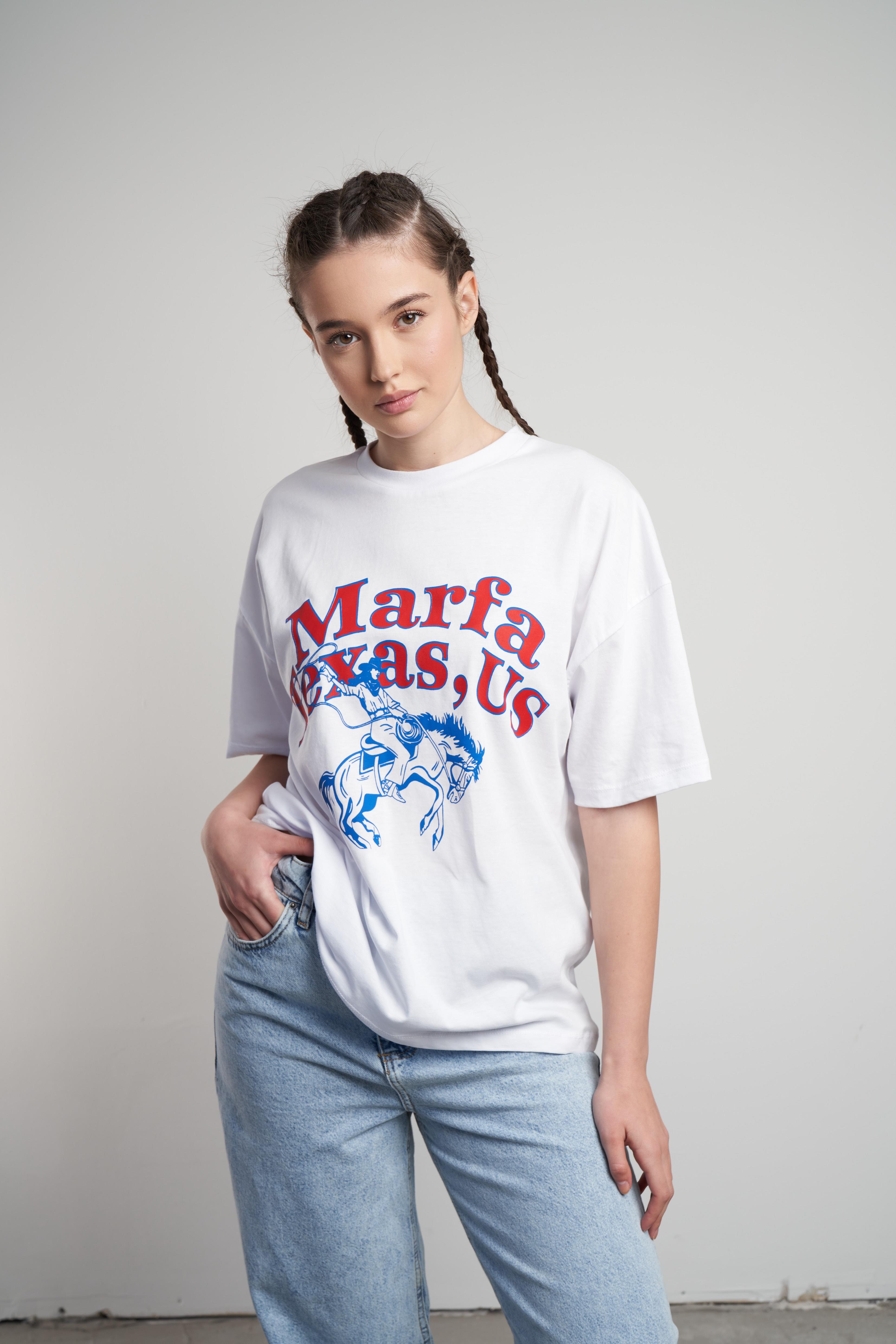 Marfa Texas Baskılı Oversize T-shirt Beyaz