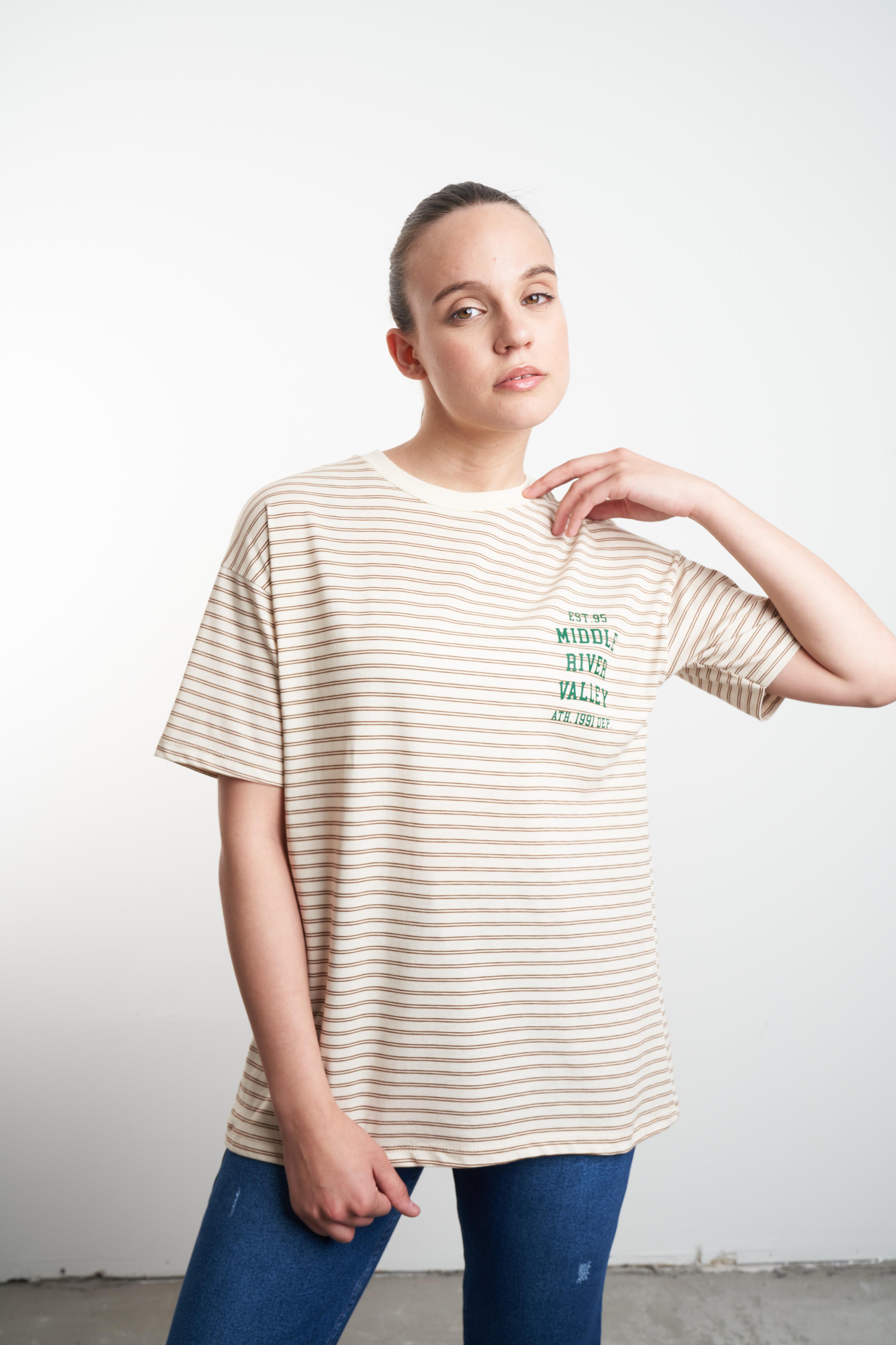 Middle River Valley Baskılı Çizgili T-shirt Taş