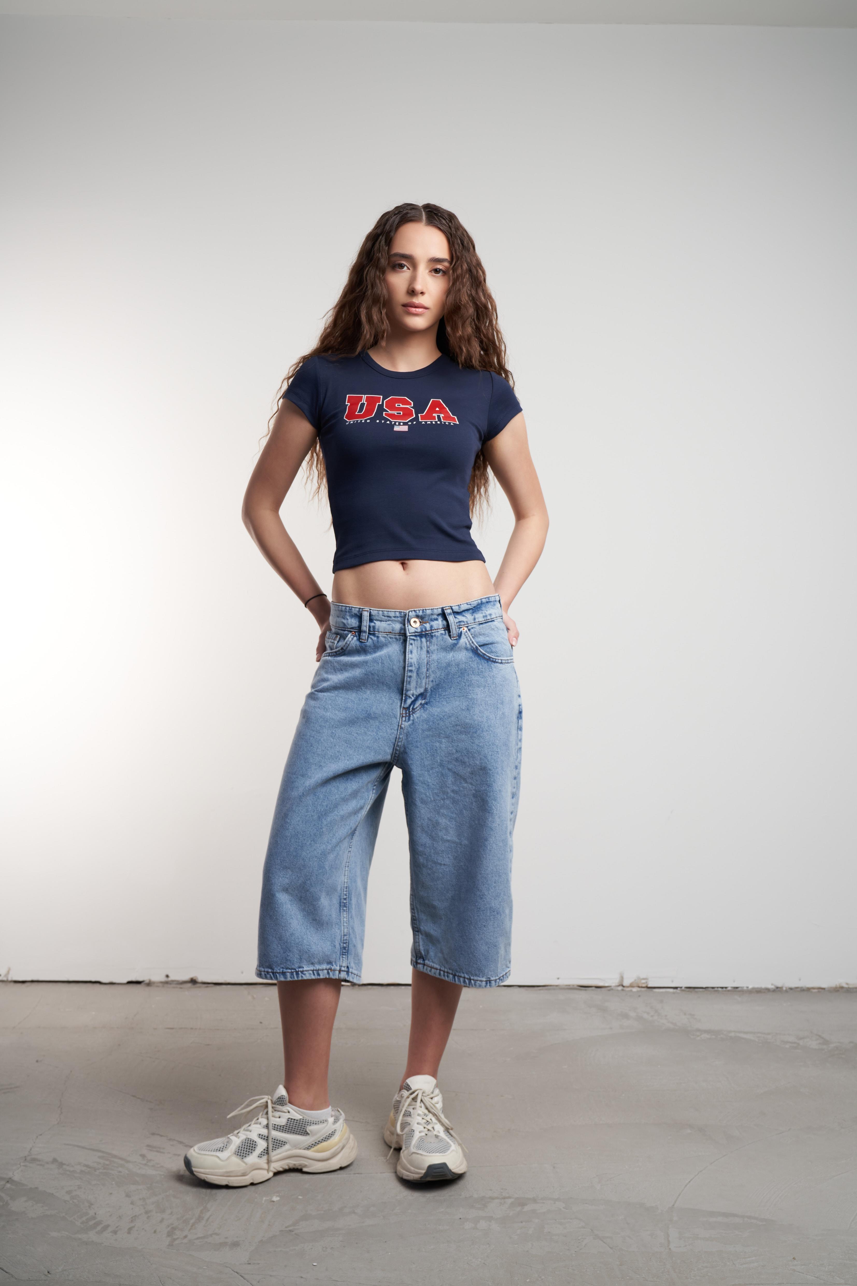 Mom Jean Bermuda Şort Mavi