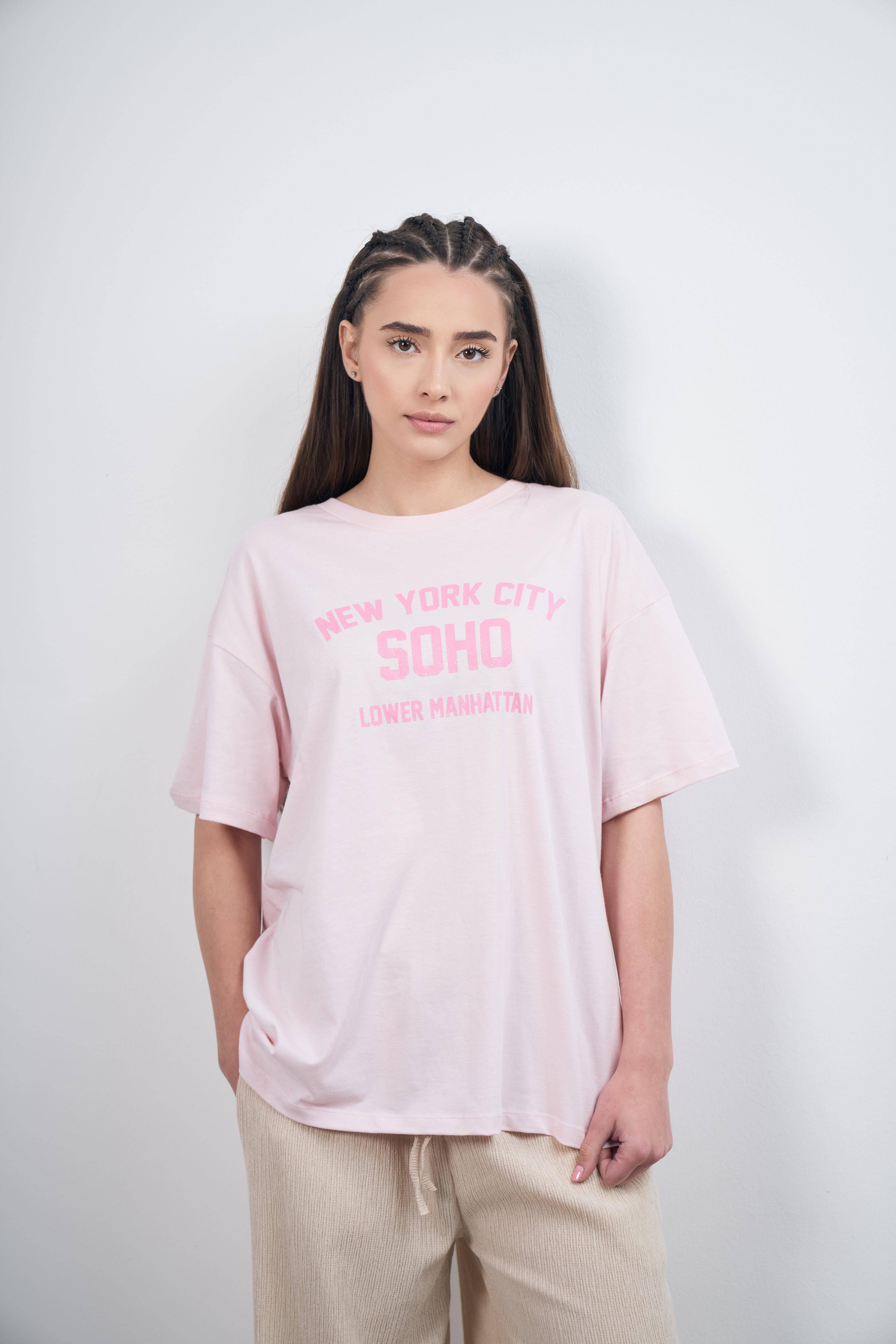 New York City Baskılı Kısa Kol T-shirt Toz Pembe