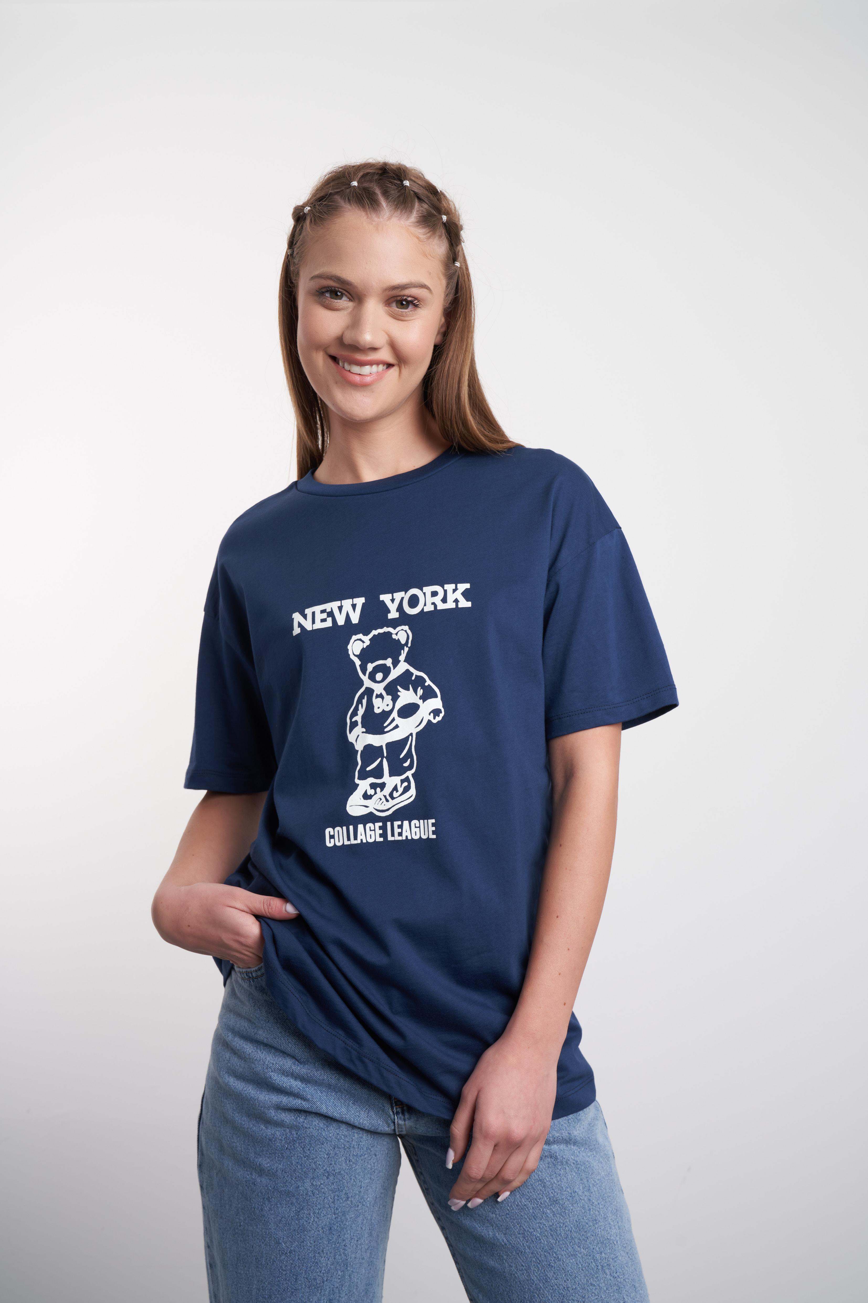 New York ve Ayı Baskılı T-shirt Lacivert