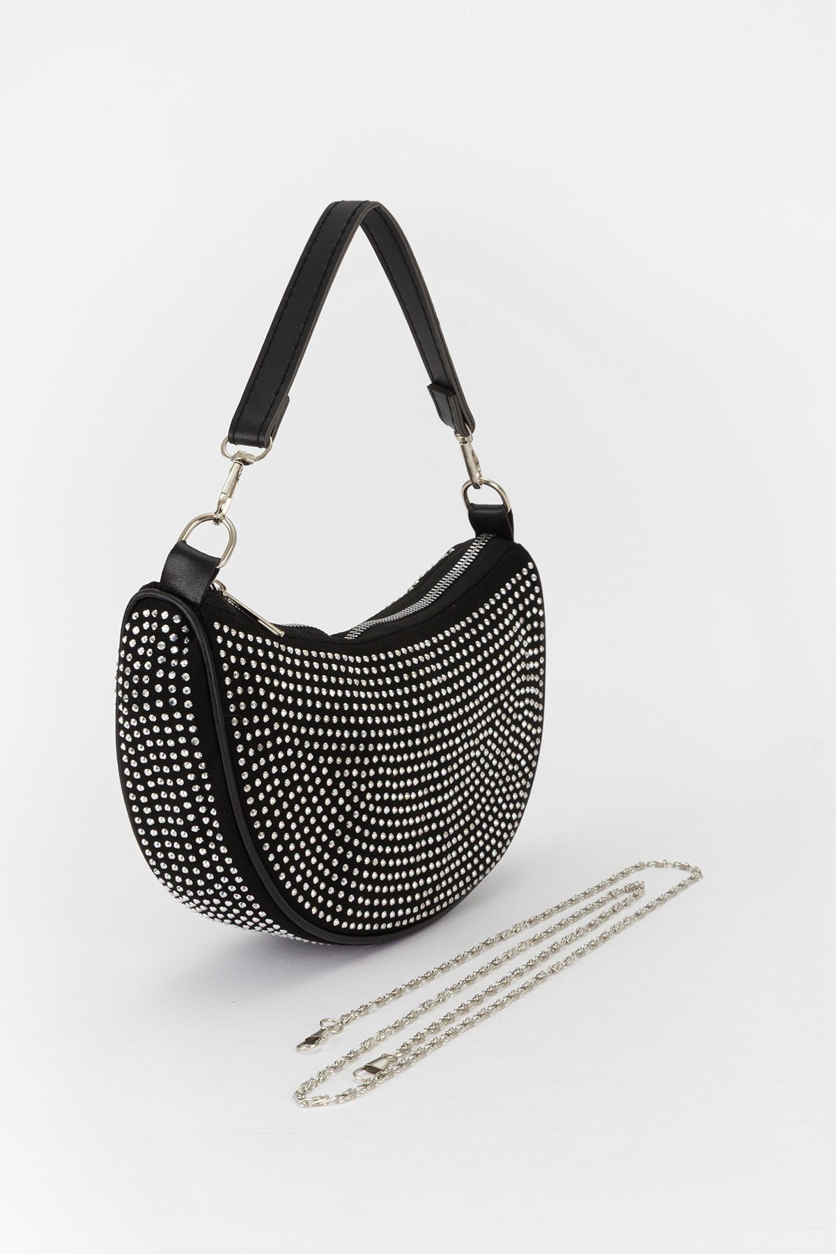 Oval Baget Taşlı Çanta Siyah