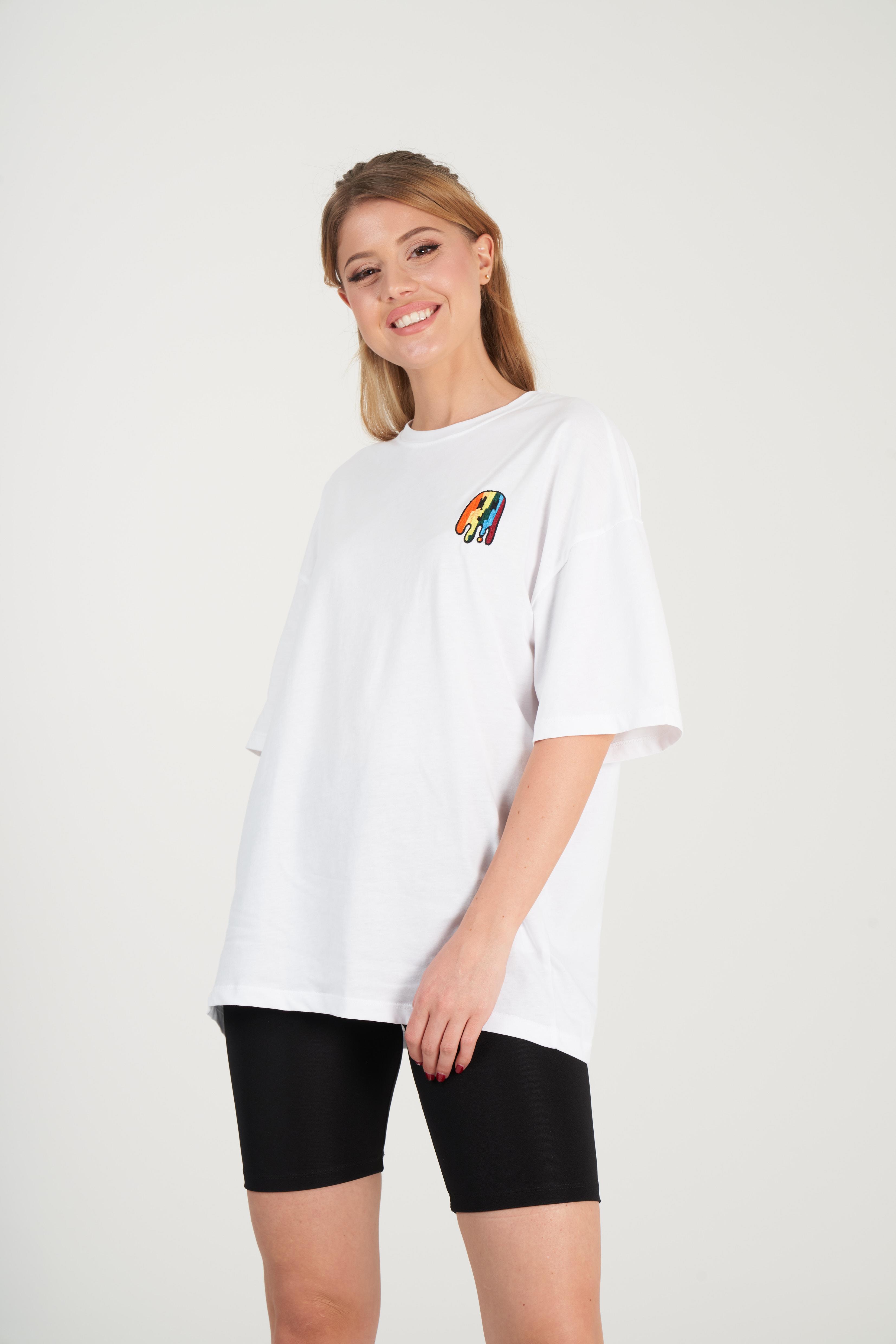 Oversize Nakış Baskılı T-shirt Beyaz