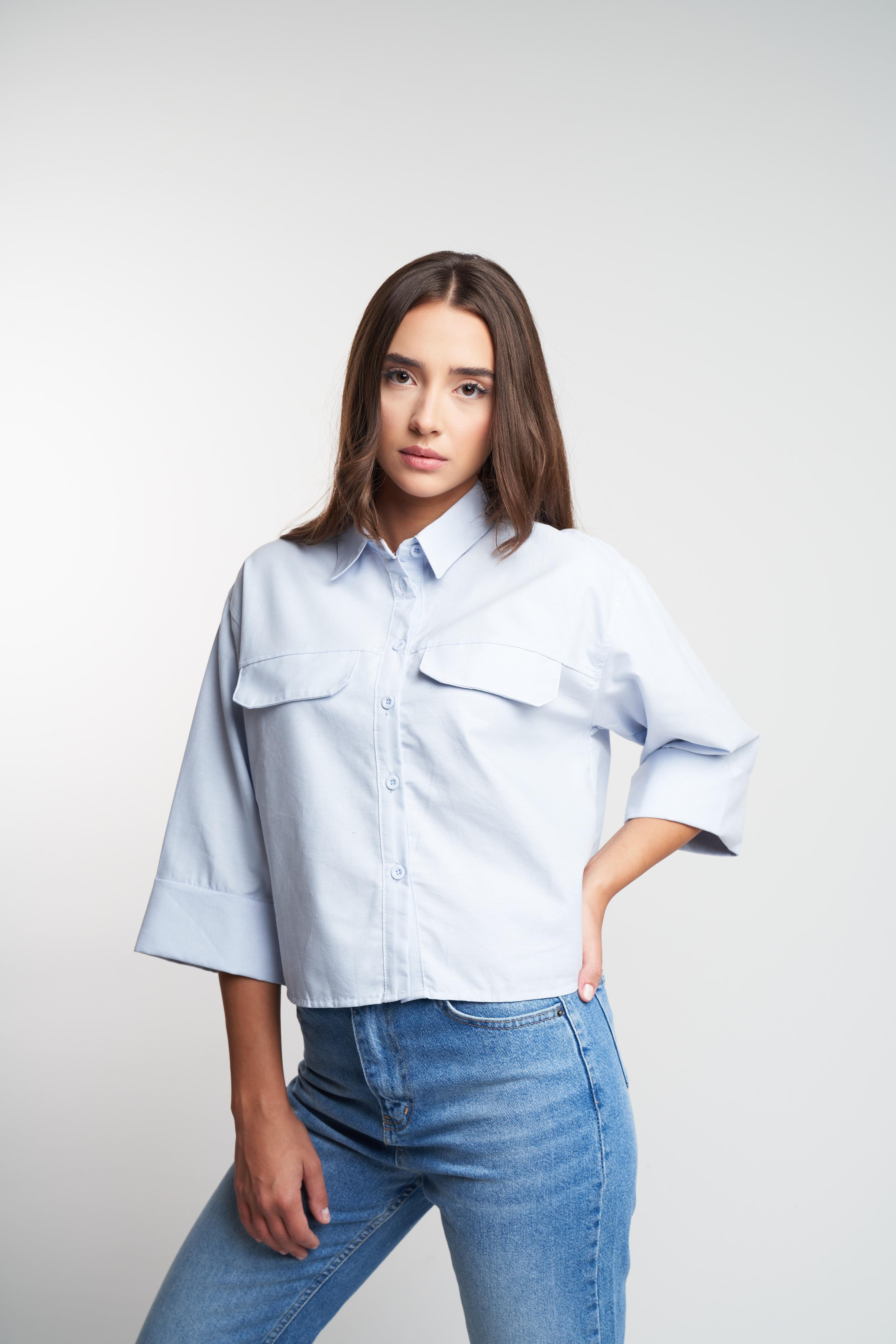 Oxford Pamuklu Dirsek Kol Gömlek Mavi