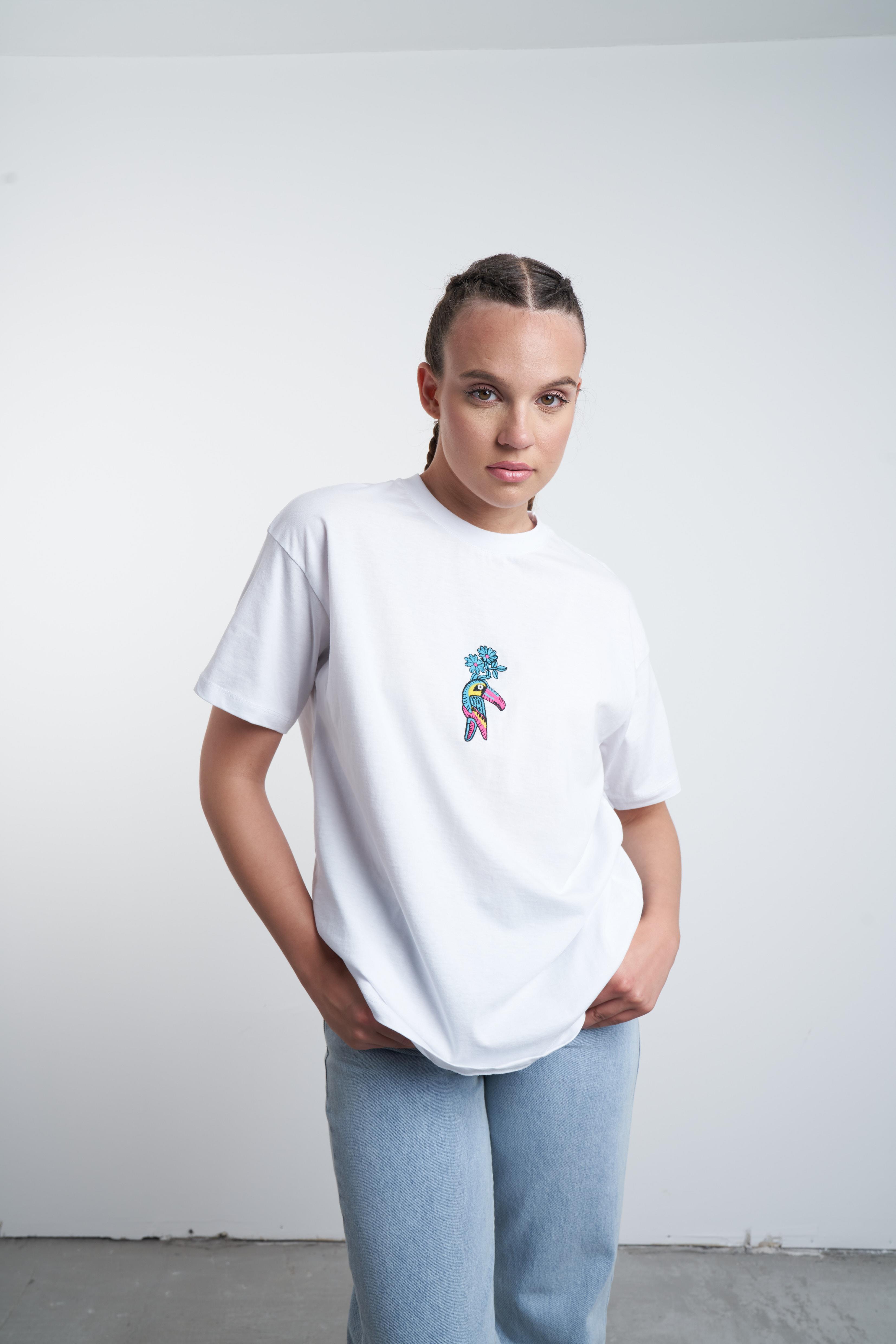 Papağan Nakış Baskılı T-shirt Beyaz