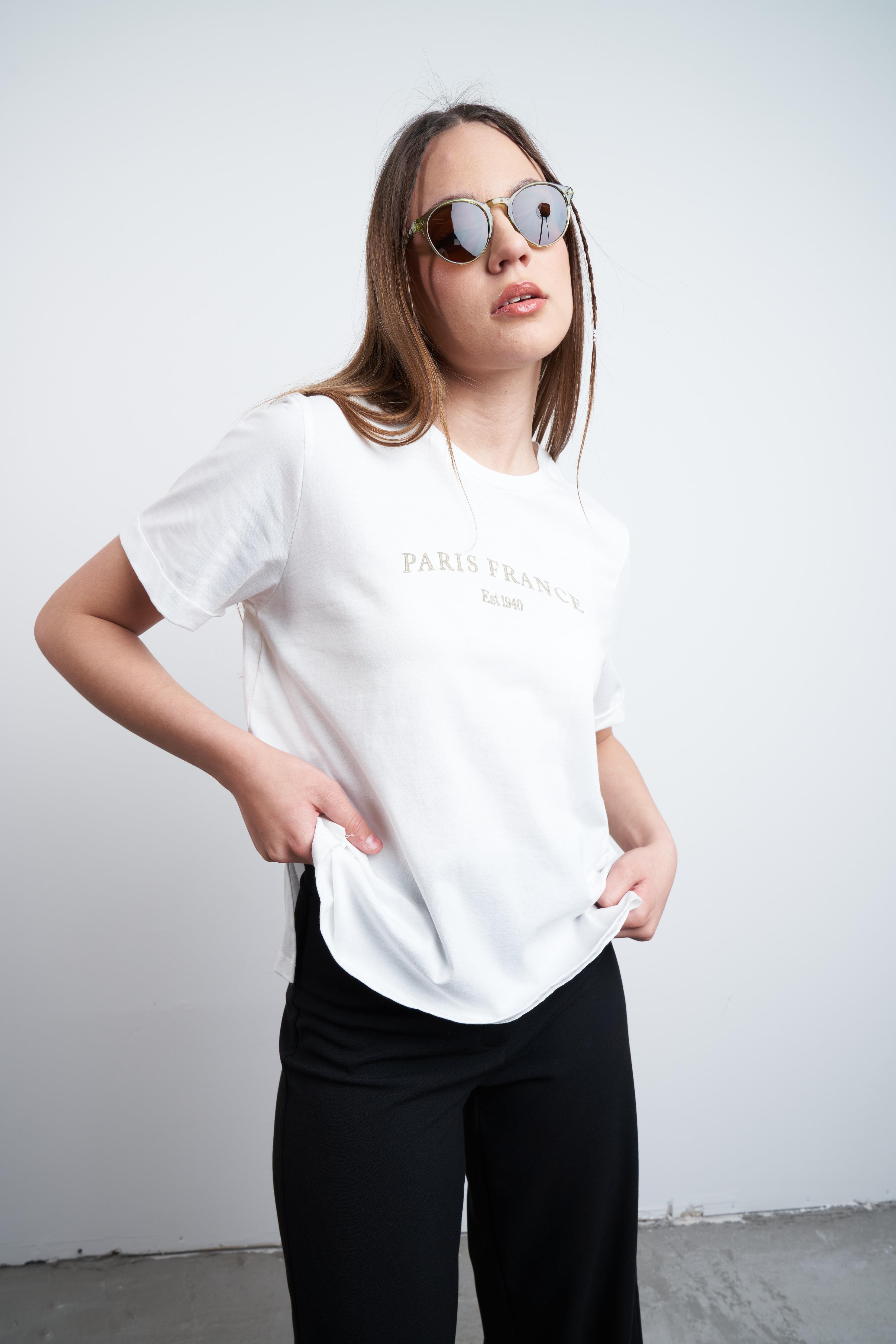 Paris France Nakış Baskılı T-shirt Ekru