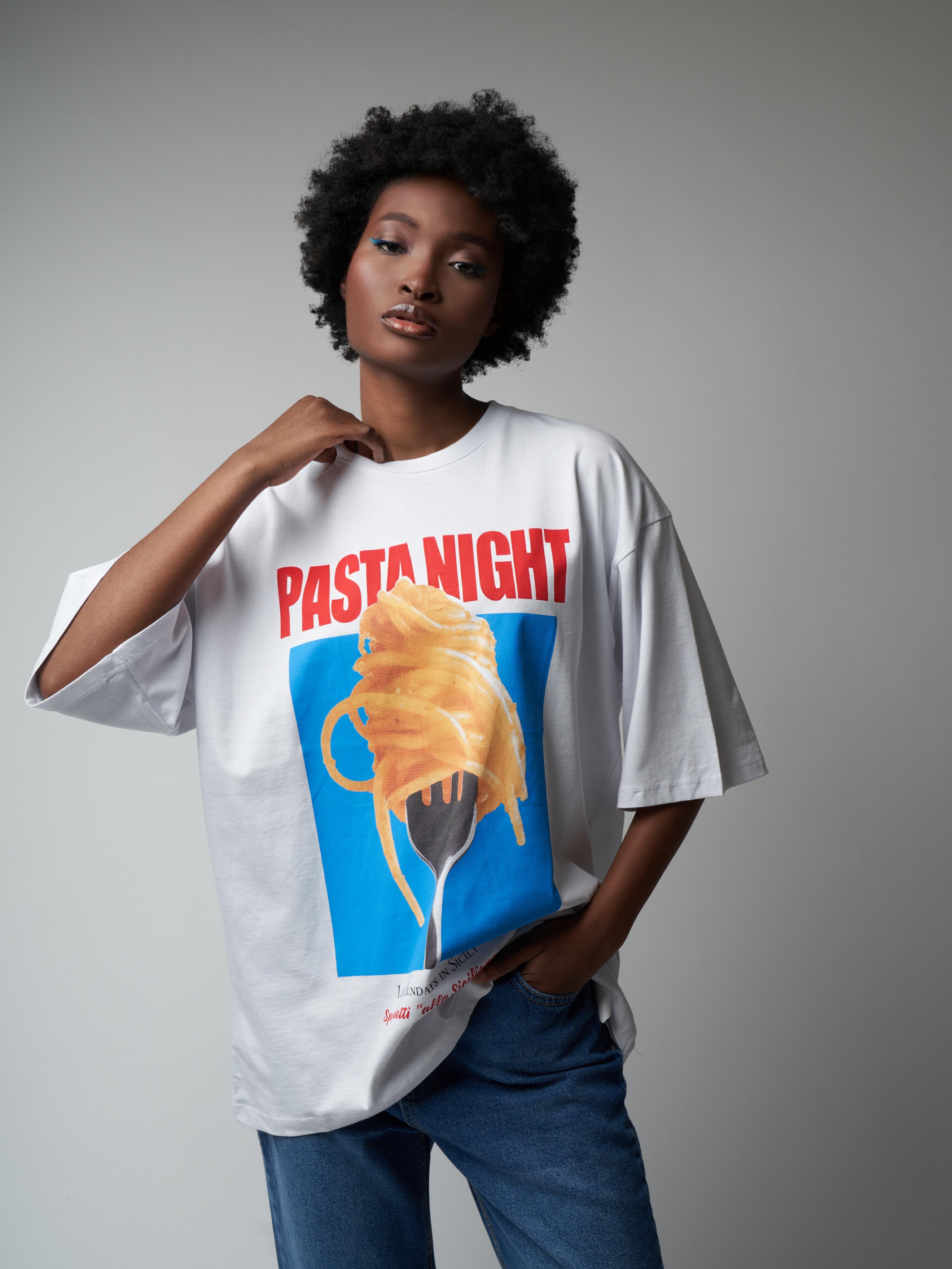 Pasta Night Baskılı Oversize Kısa Kol Suprem T-shirt Beyaz
