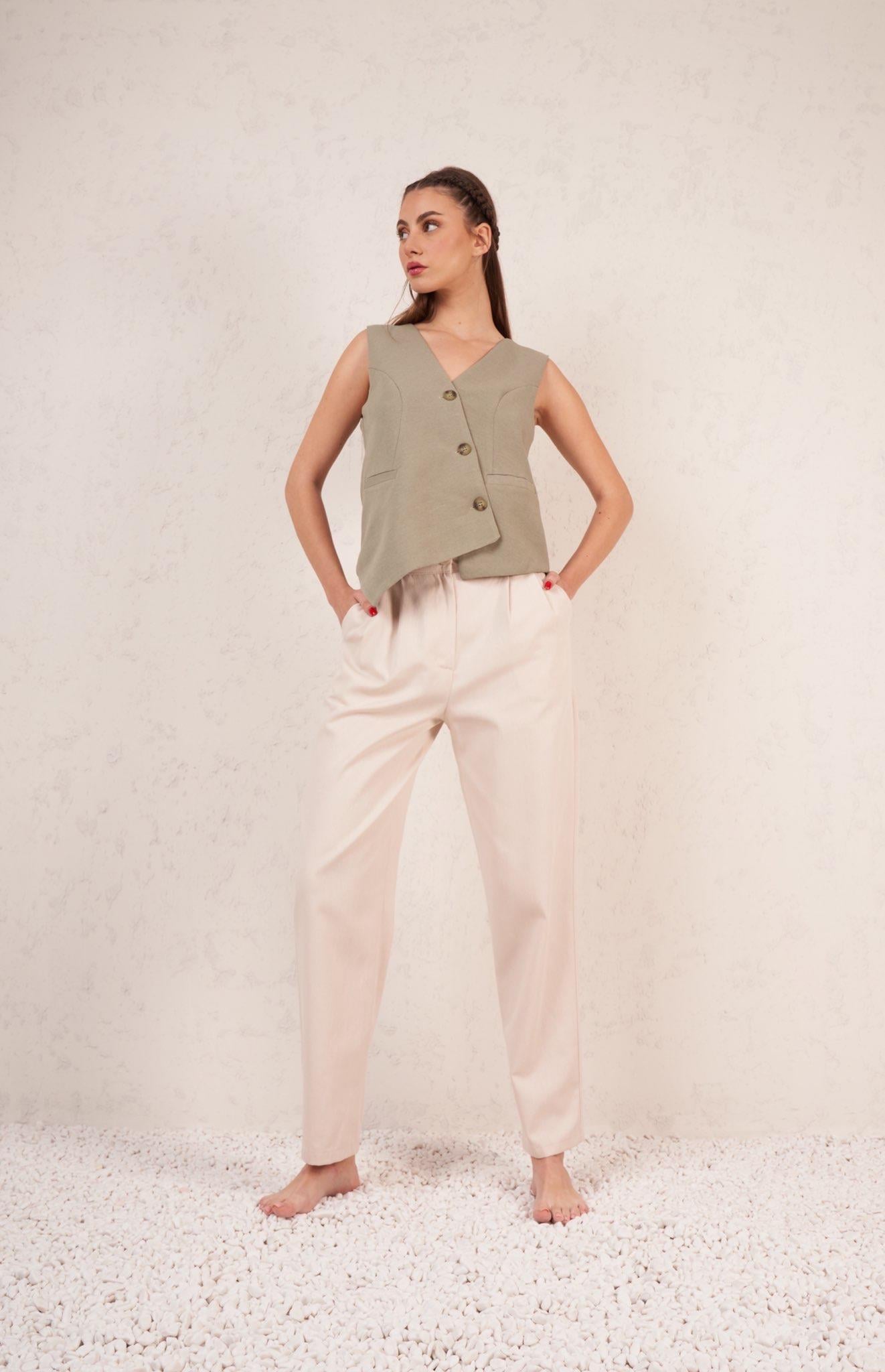 Pile Detaylı Relax Fit Pantolon Taş