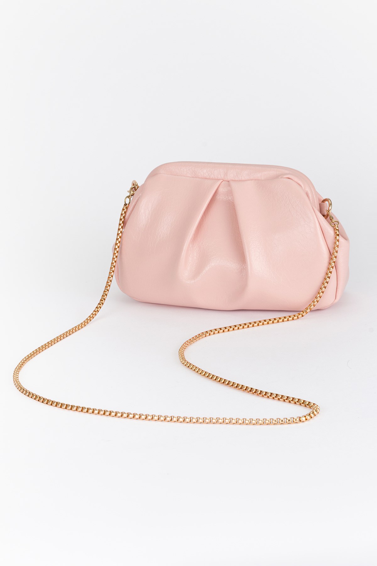 Pile Detaylı Zincir Askılı Clutch Çanta Toz Pembe