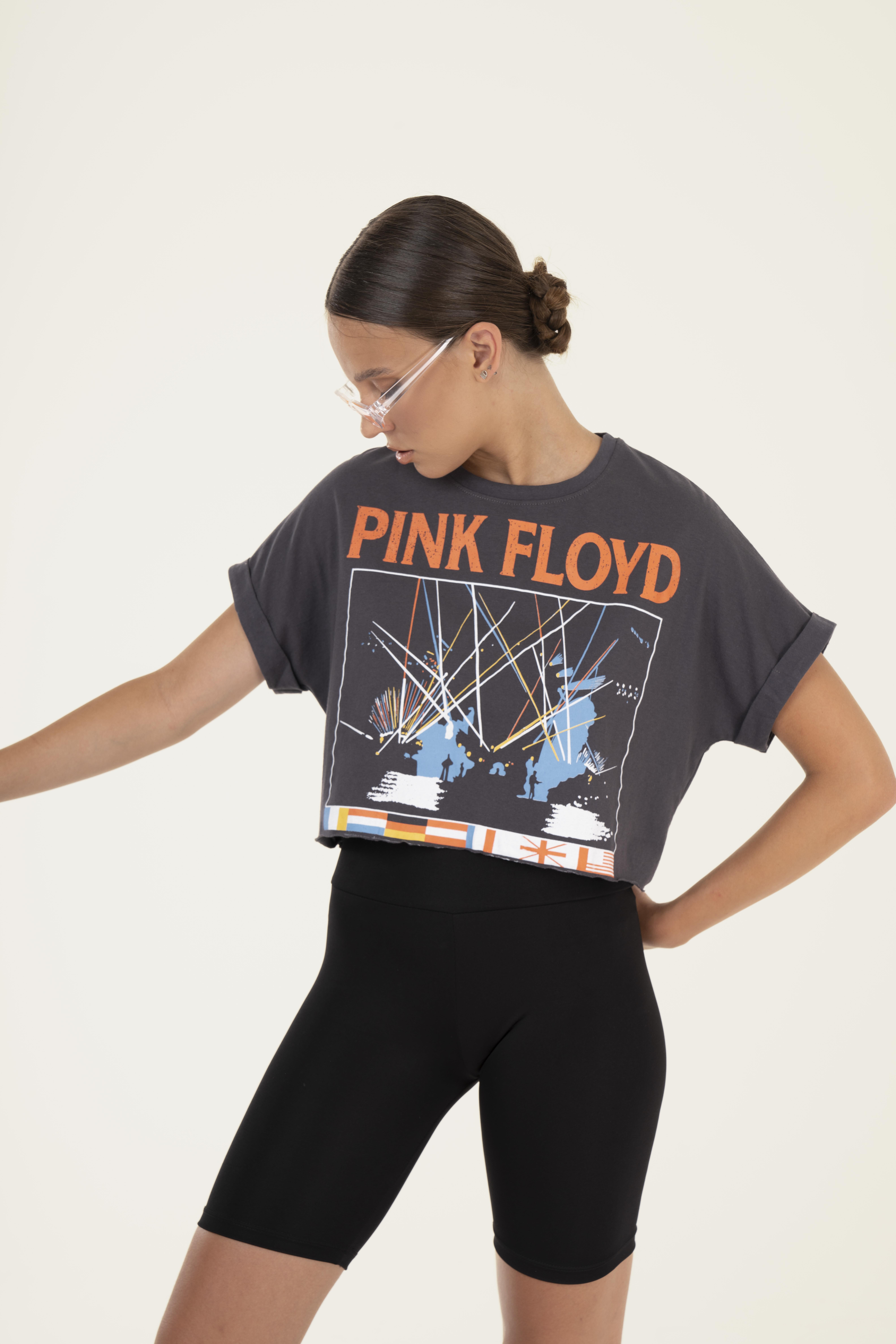 Bisiklet Yaka Pink Floyd Baskılı Kısa T-shirt - Ambar Giyim