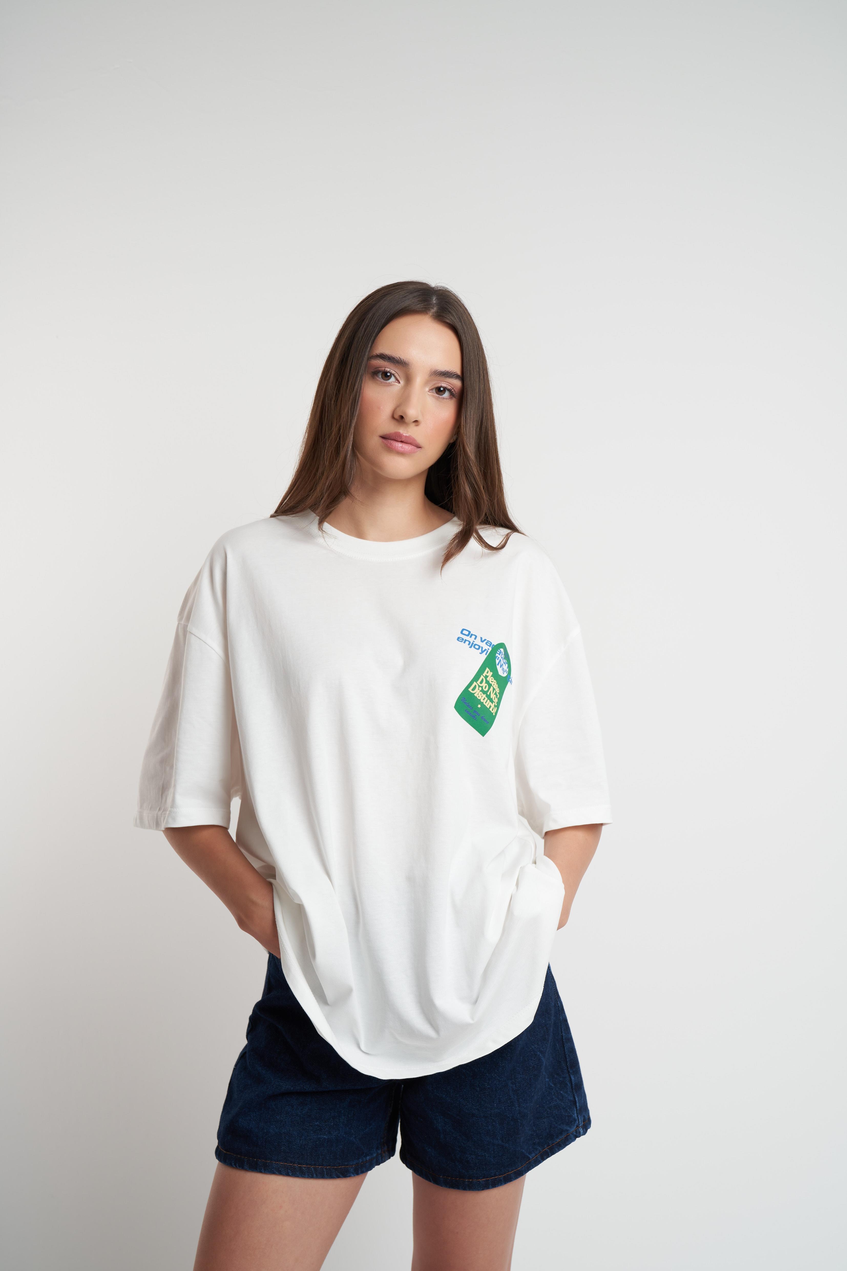 Please Don't Disturb Baskılı Kısa Kol T-shirt Ekru