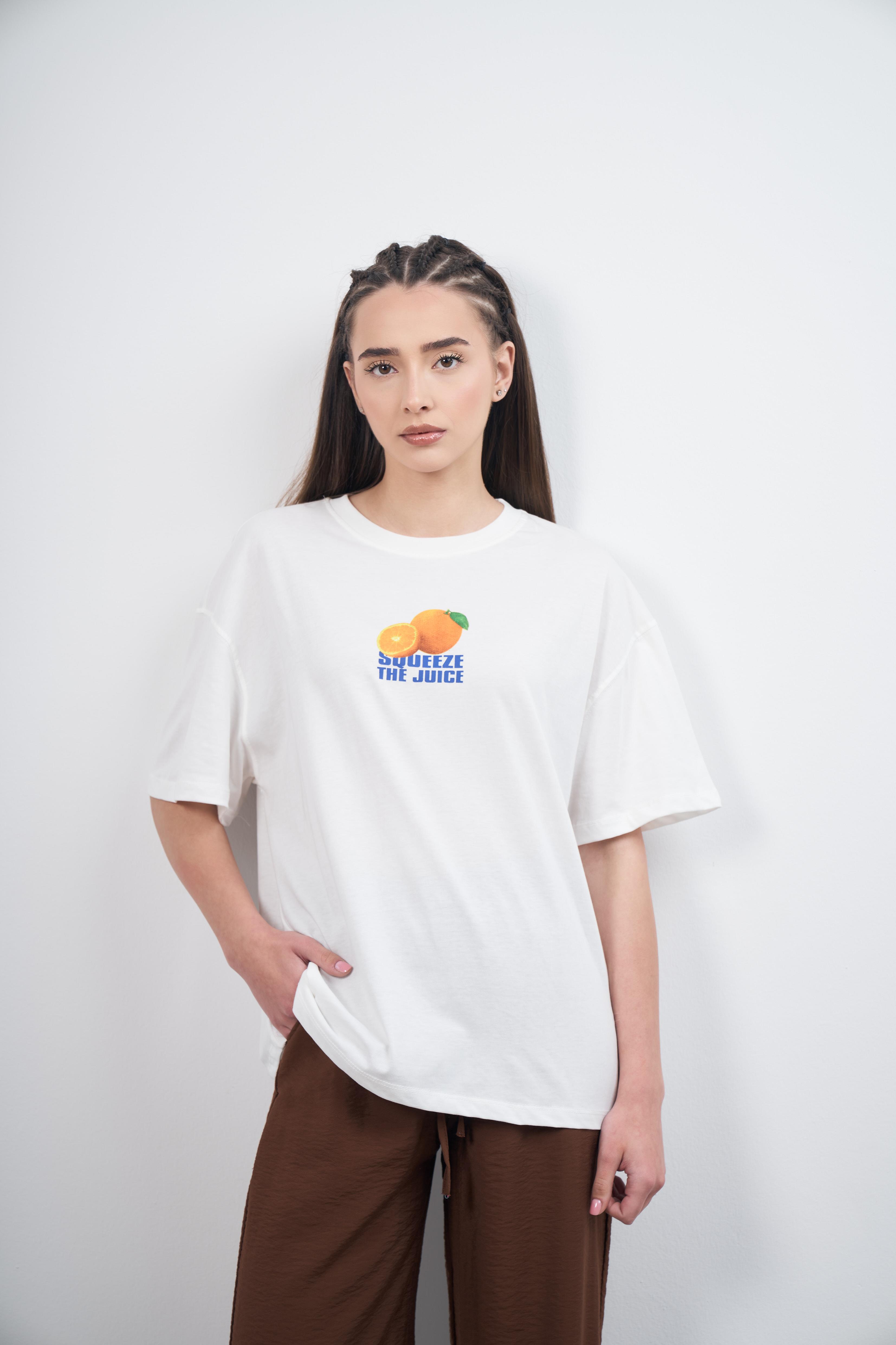 Squeeze The Juice Baskılı Kısa Kol T-shirt Ekru