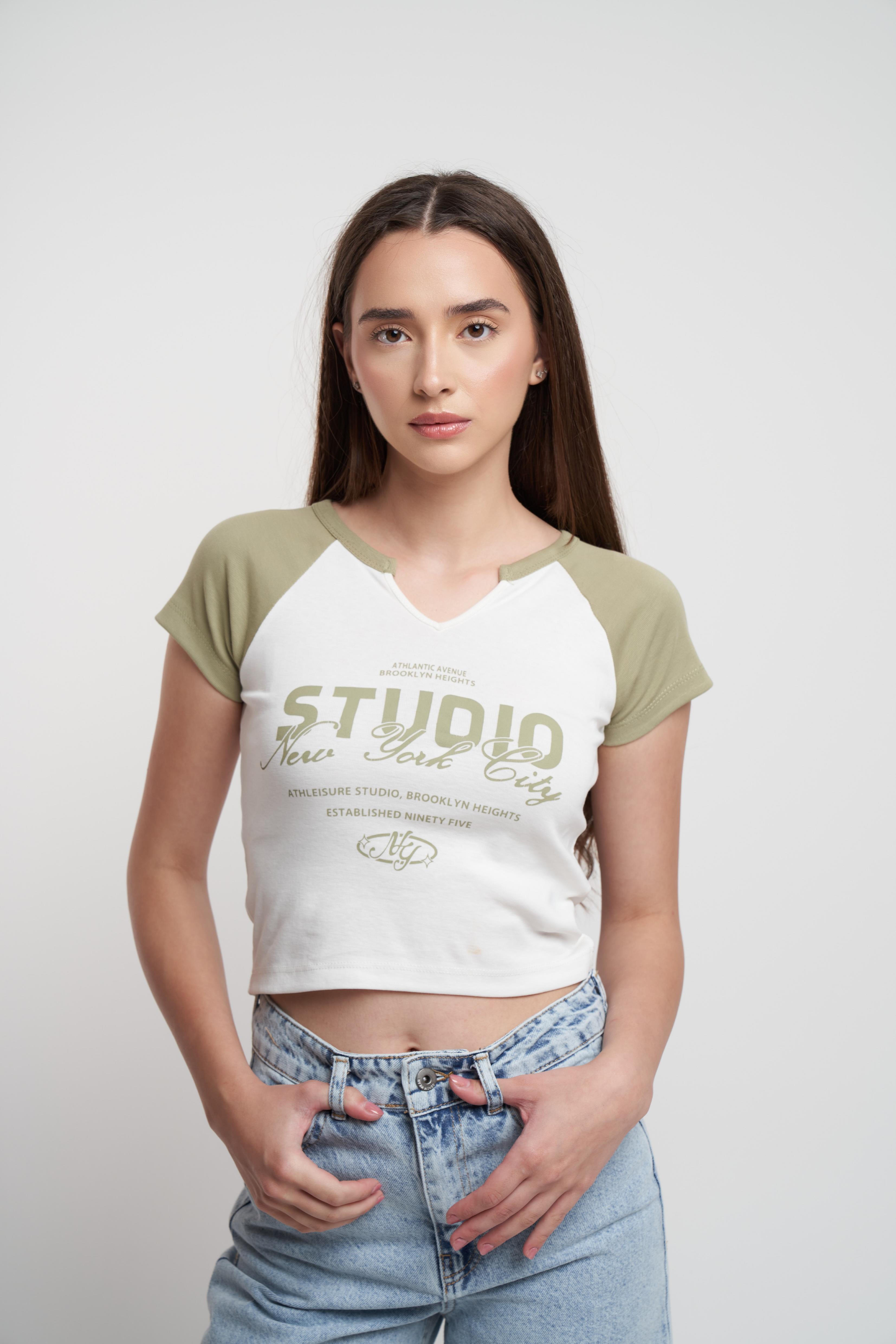 Studio Baskılı Ribana Kısa Kol Bluz Haki-Ekru