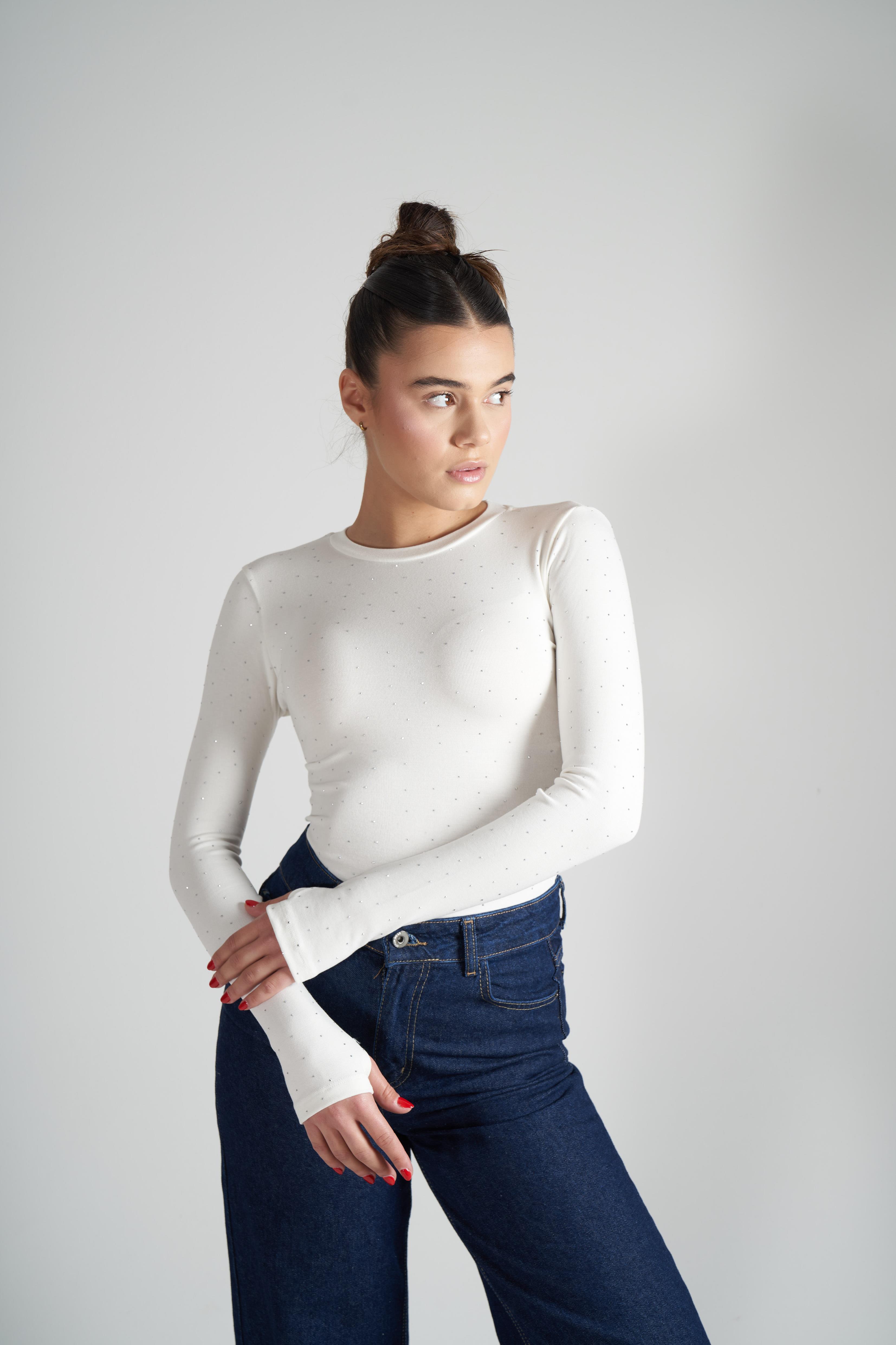 Taş Detaylı Uzun Kol Ribana Bluz Ekru