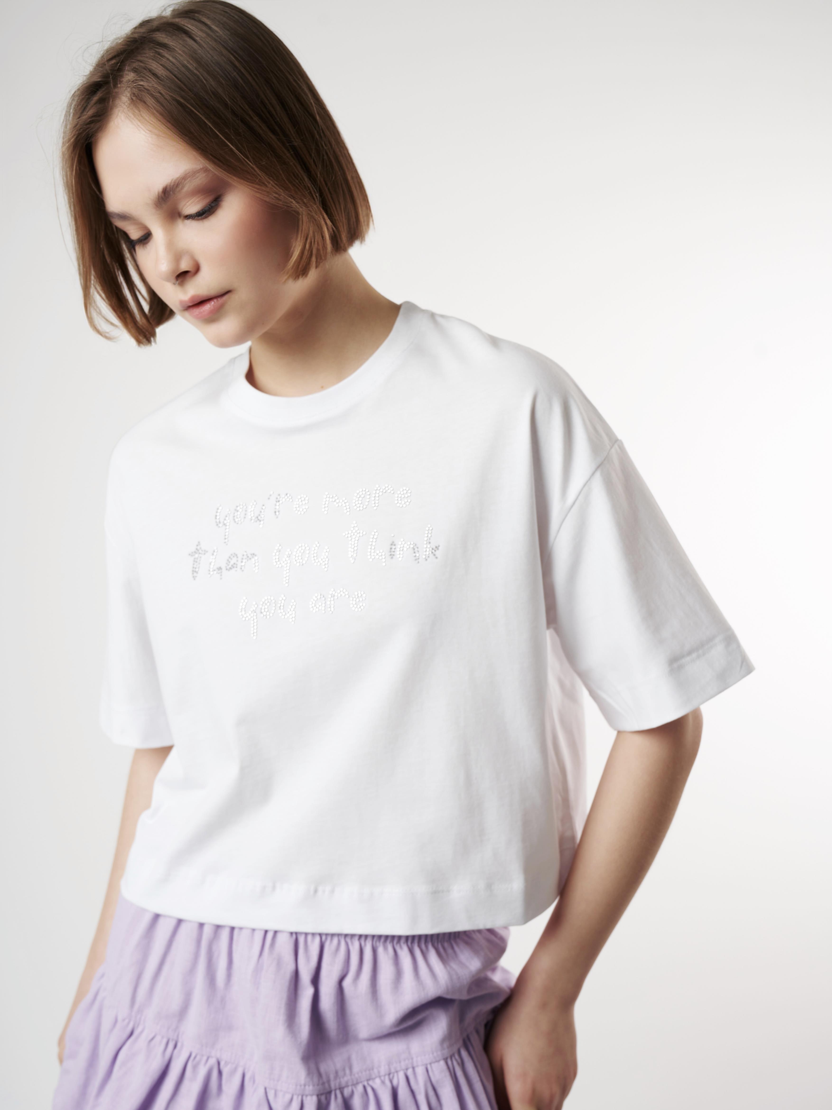 Taş İşleme Kısa Kol T-shirt Beyaz