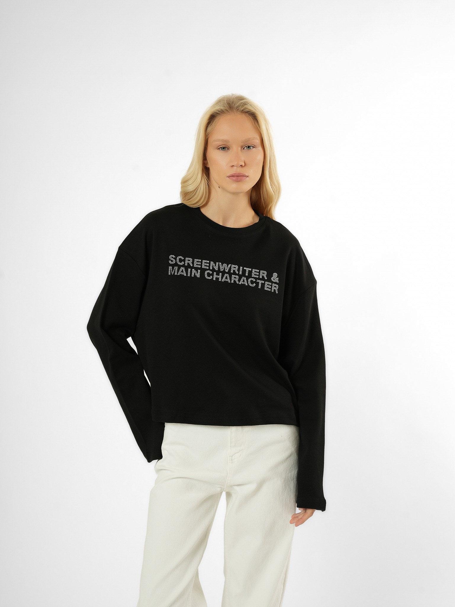 Taş İşlemeli Uzun Kol T-shirt Siyah