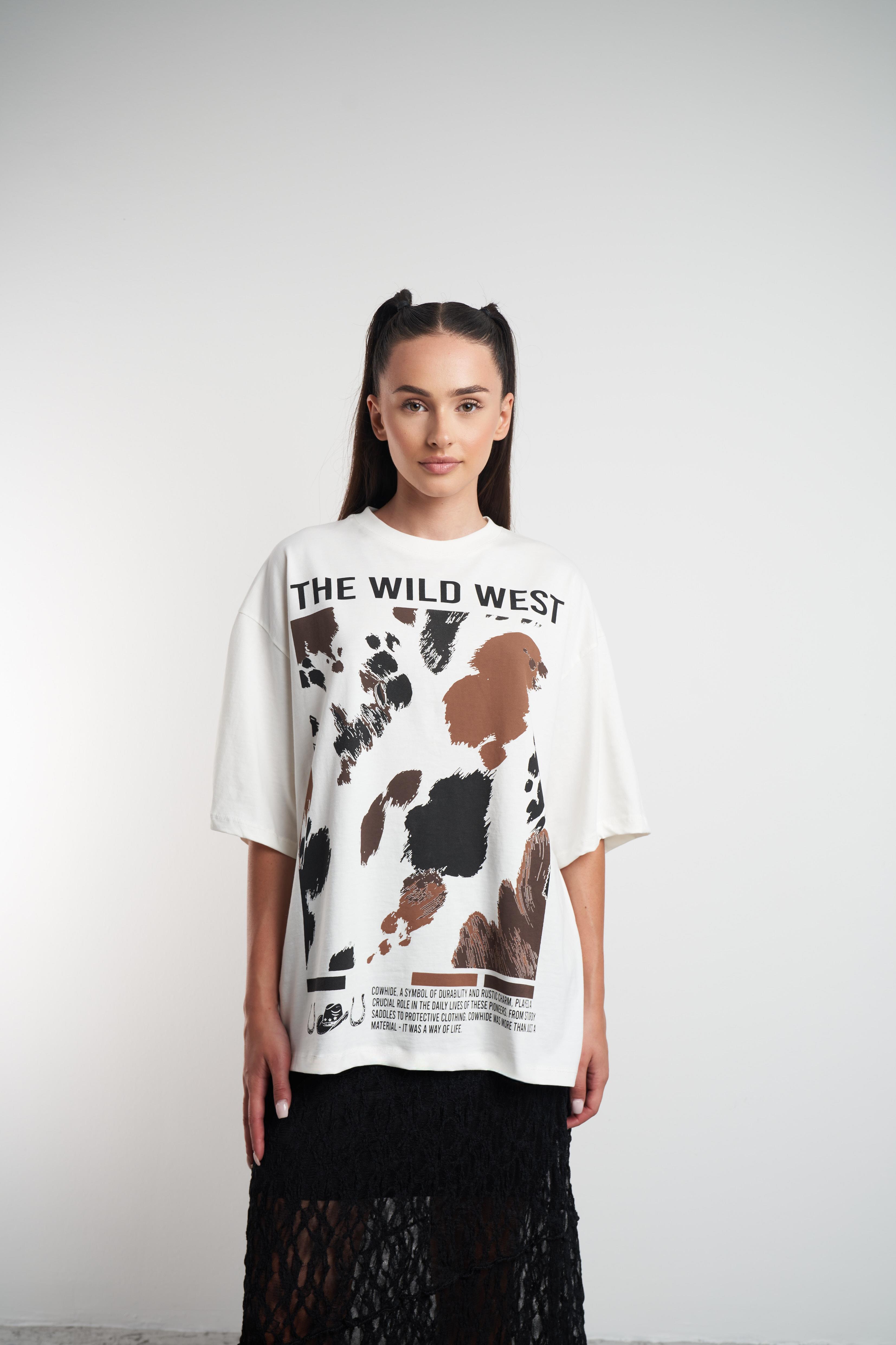 The Wild West Baskılı Oversize Kısa Kol T-shirt Ekru