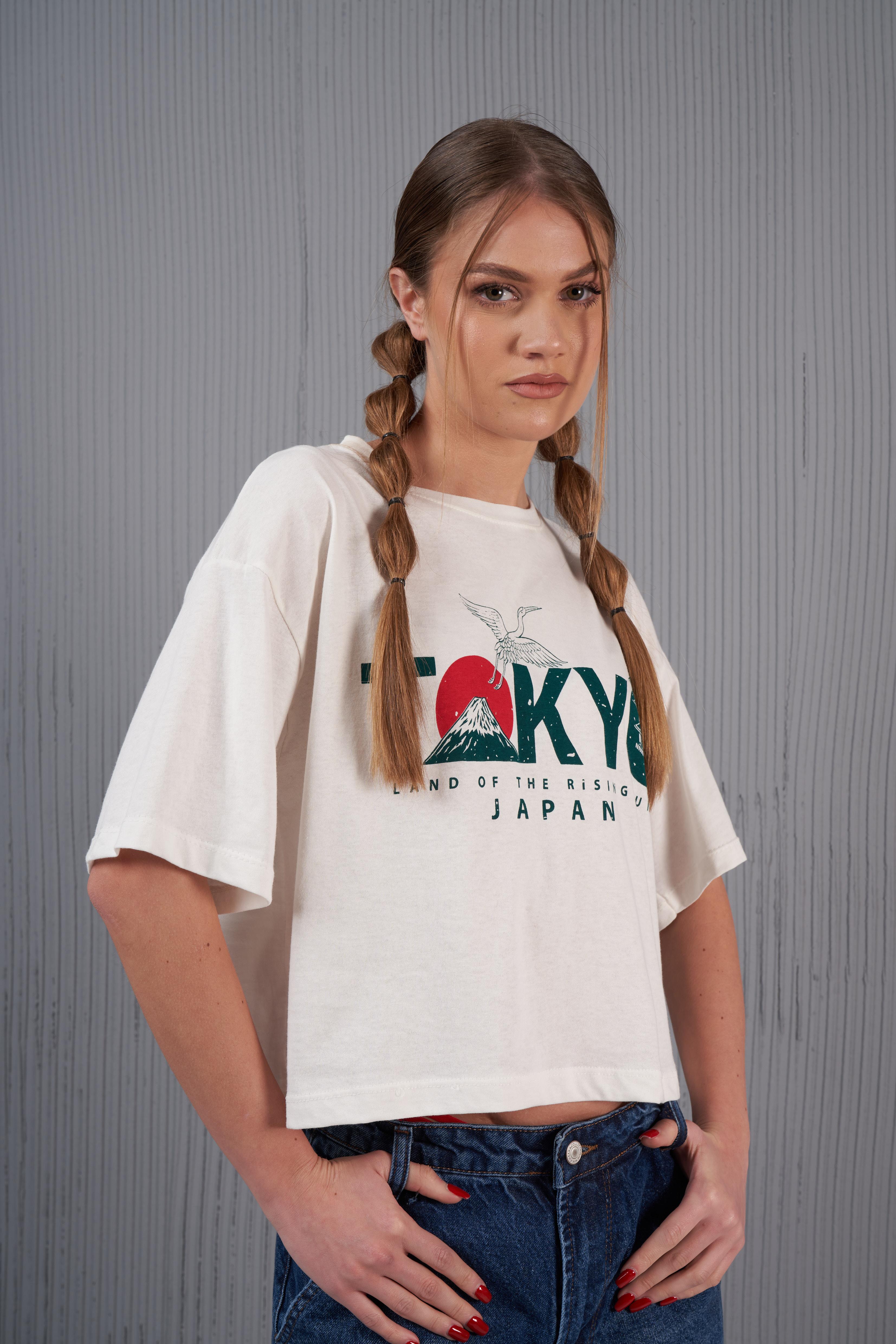 Tokyo Baskılı Kısa T-shirt Ekru