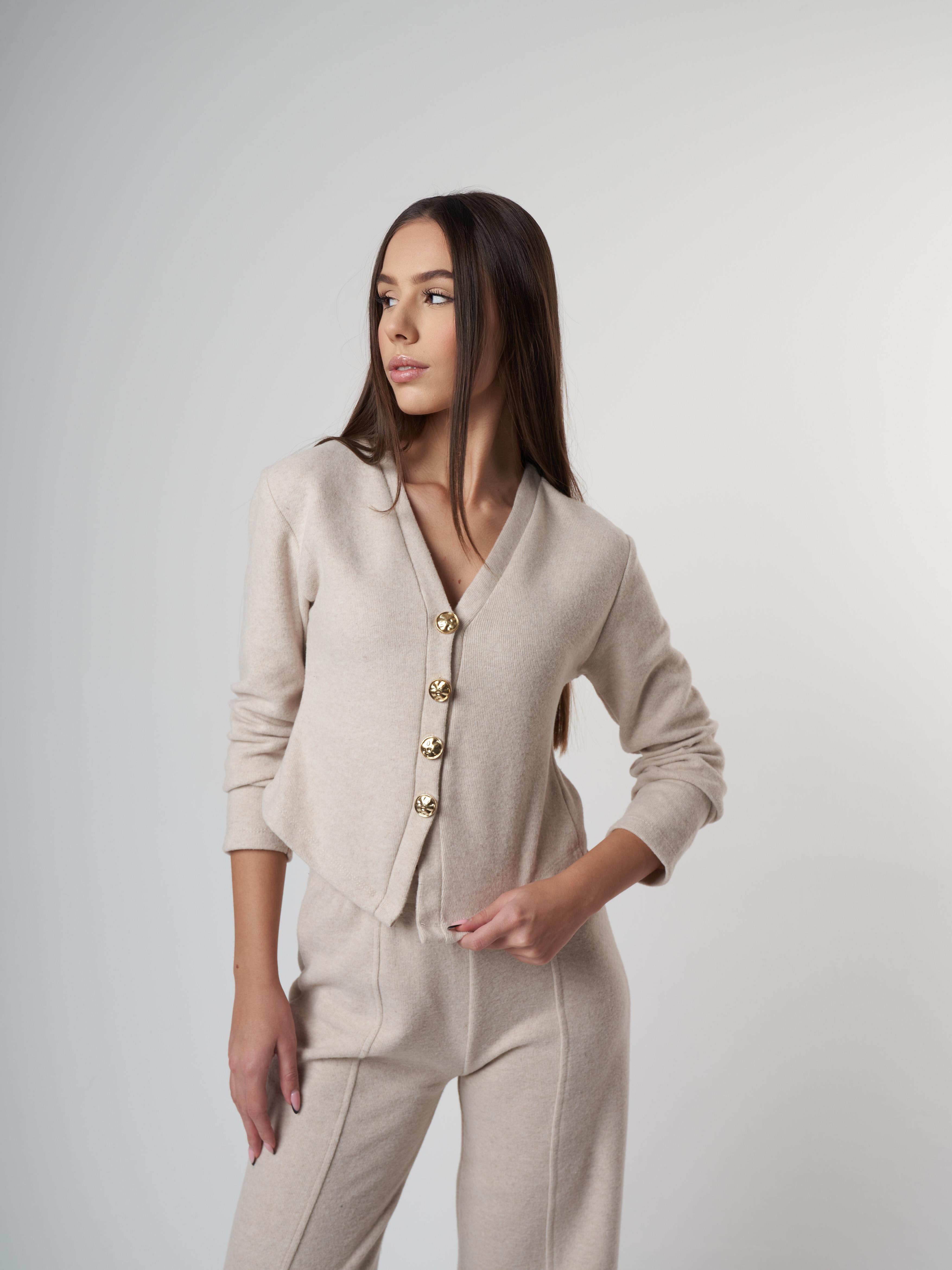 V Yaka Düğmeli Triko Kısa Hırka Taş Melanj