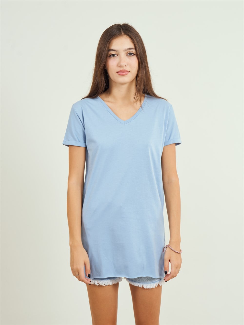 V Yaka Yan Yırtmaç Salaş Uzun T-shirt