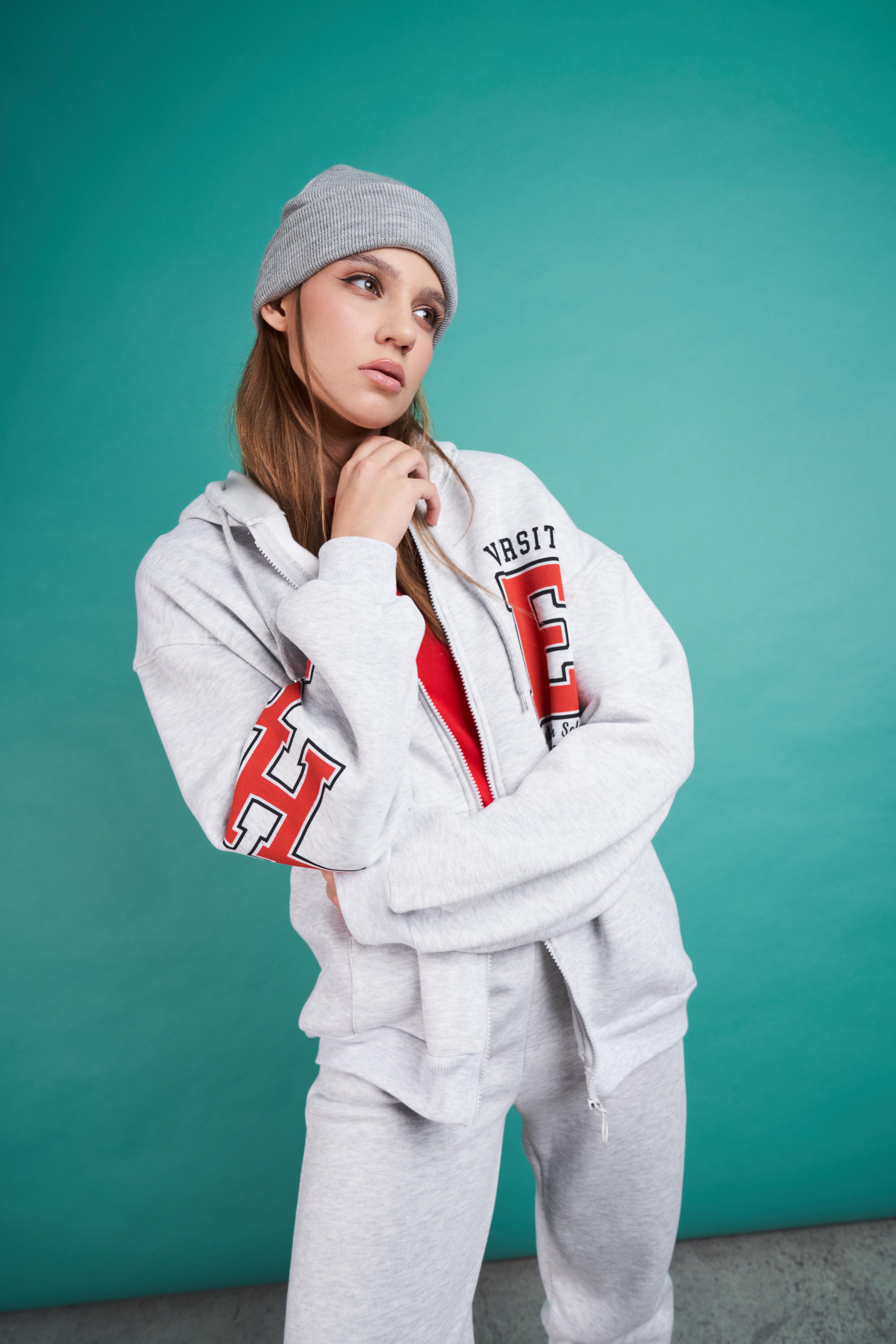 Varsity Baskılı Oversize Sweatshirt Ceket Karmelanj