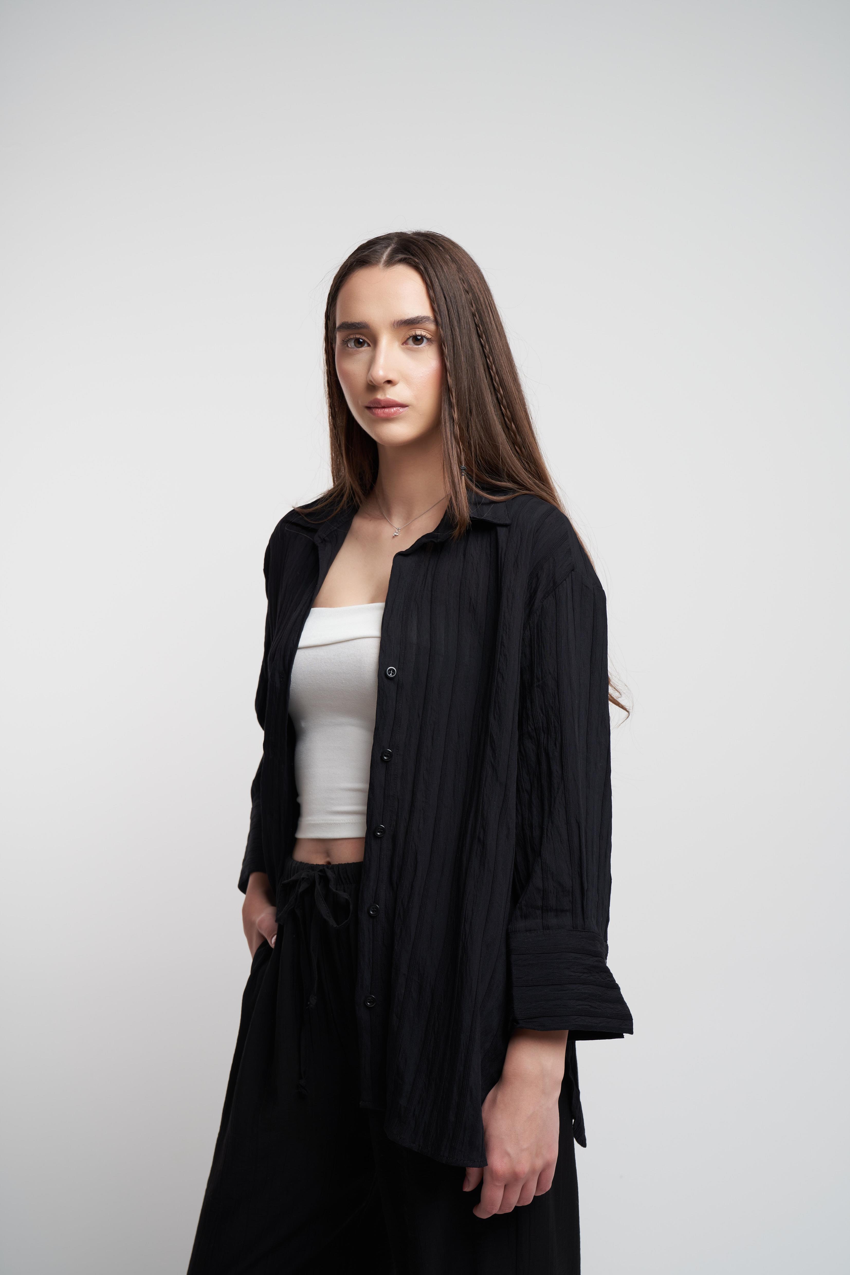 Yakalı Düğmeli Uzun Kol Gömlek Siyah