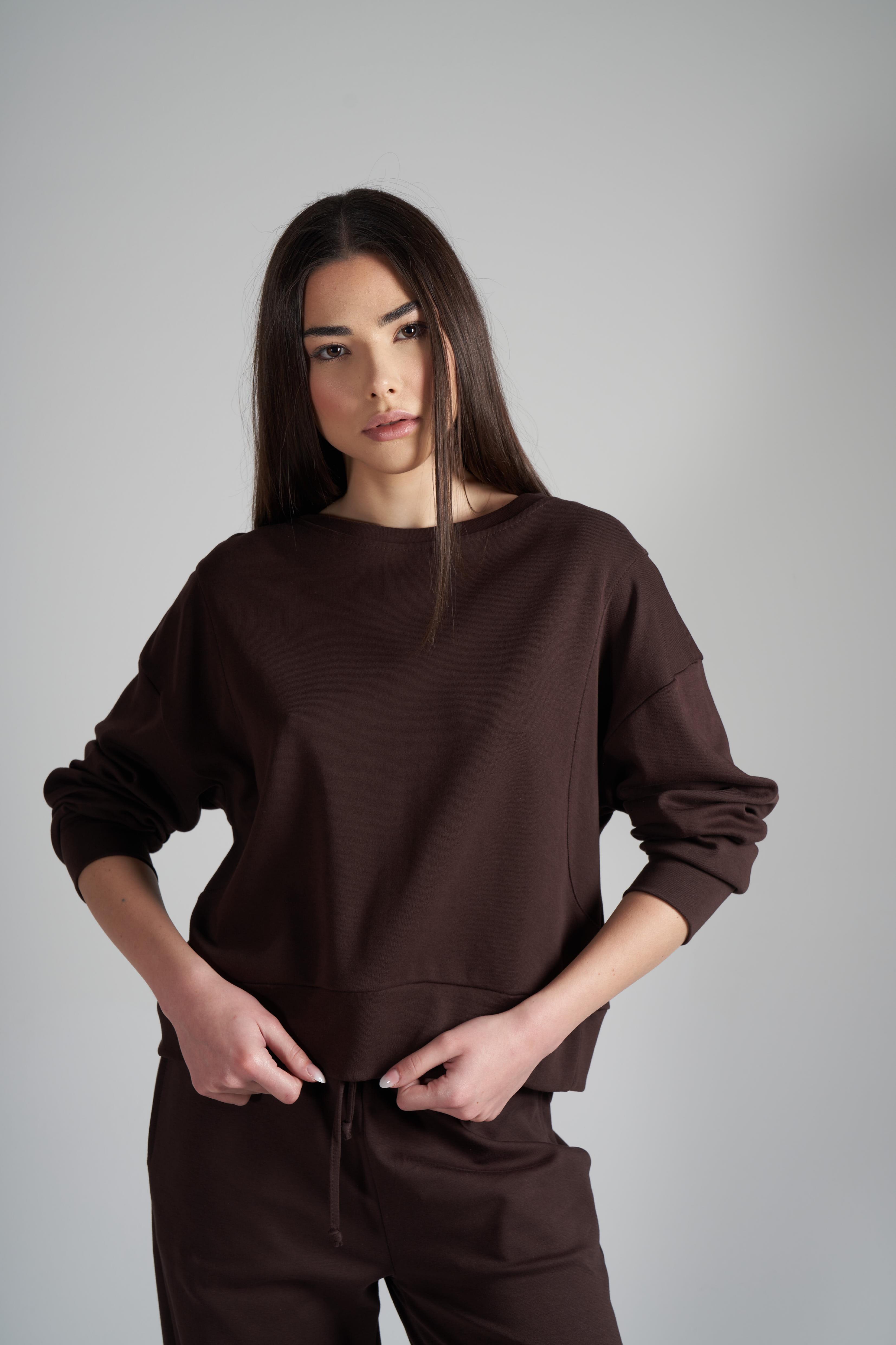 Yakalı Düşük Omuz İnterlok Sweatshirt Acı Kahve