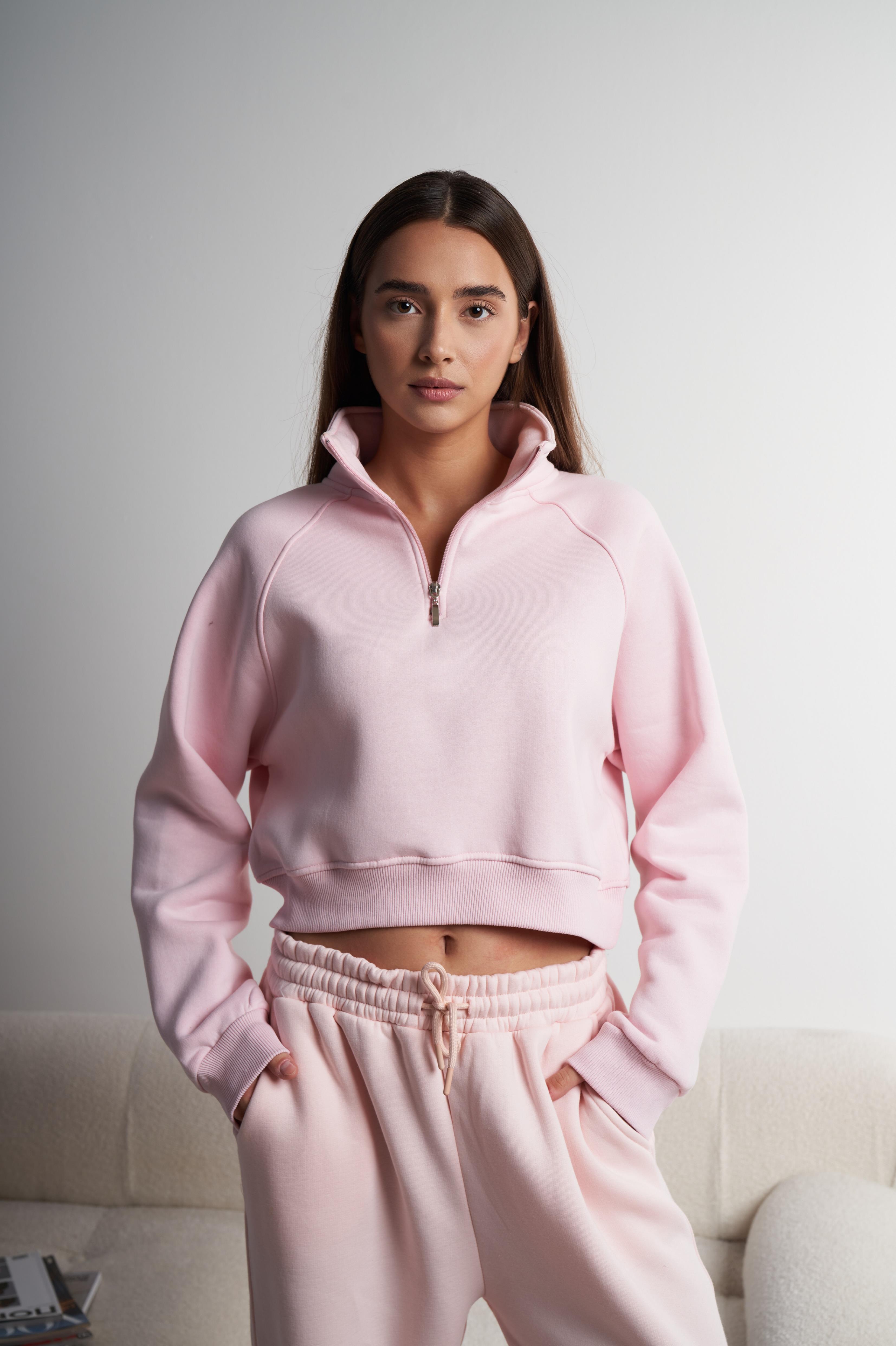 Yakalı Şardonlu Kısa Sweatshirt Pembe