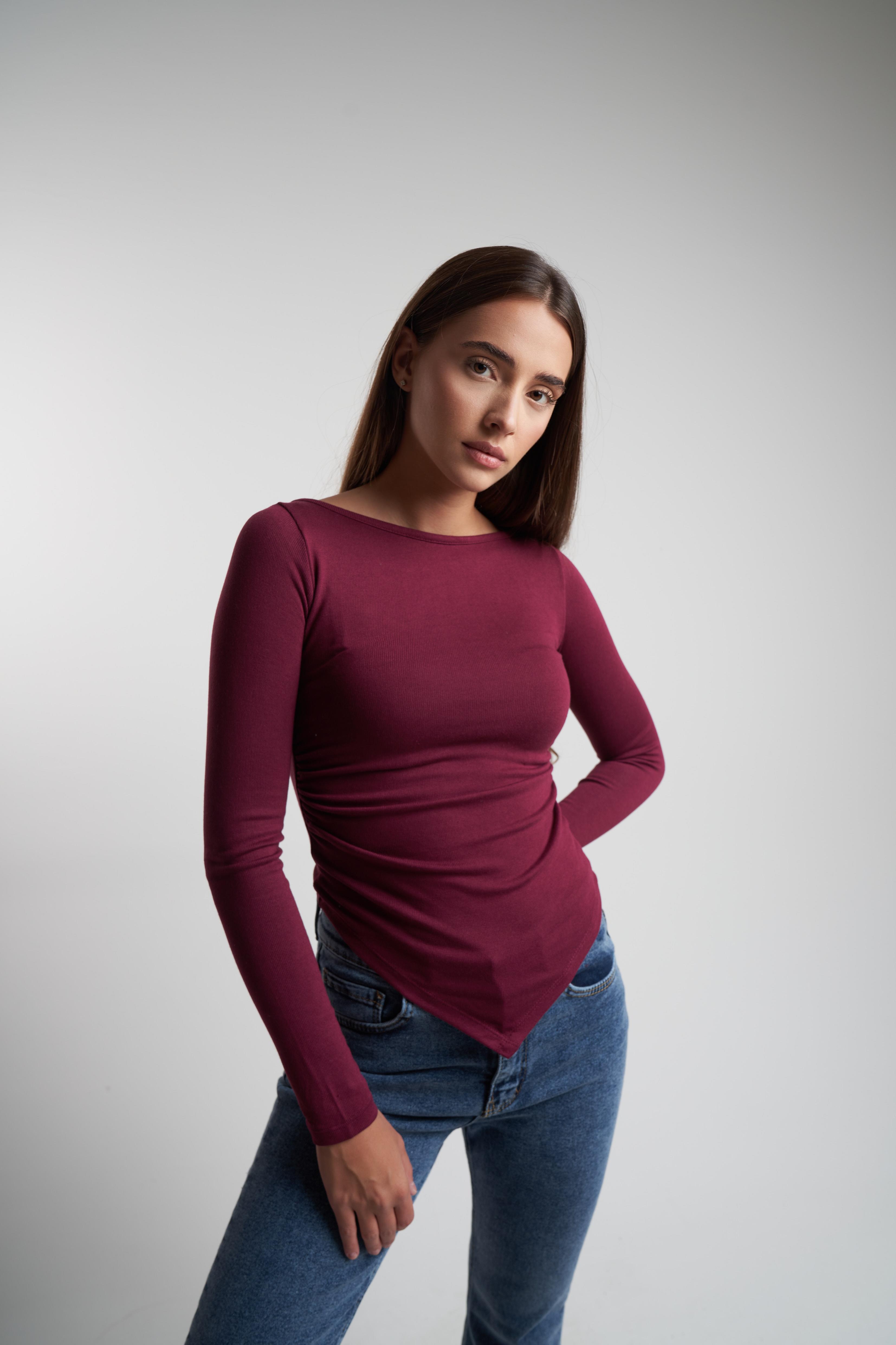 Yanlar Büzgülü Uzun Kol Bluz Bordo
