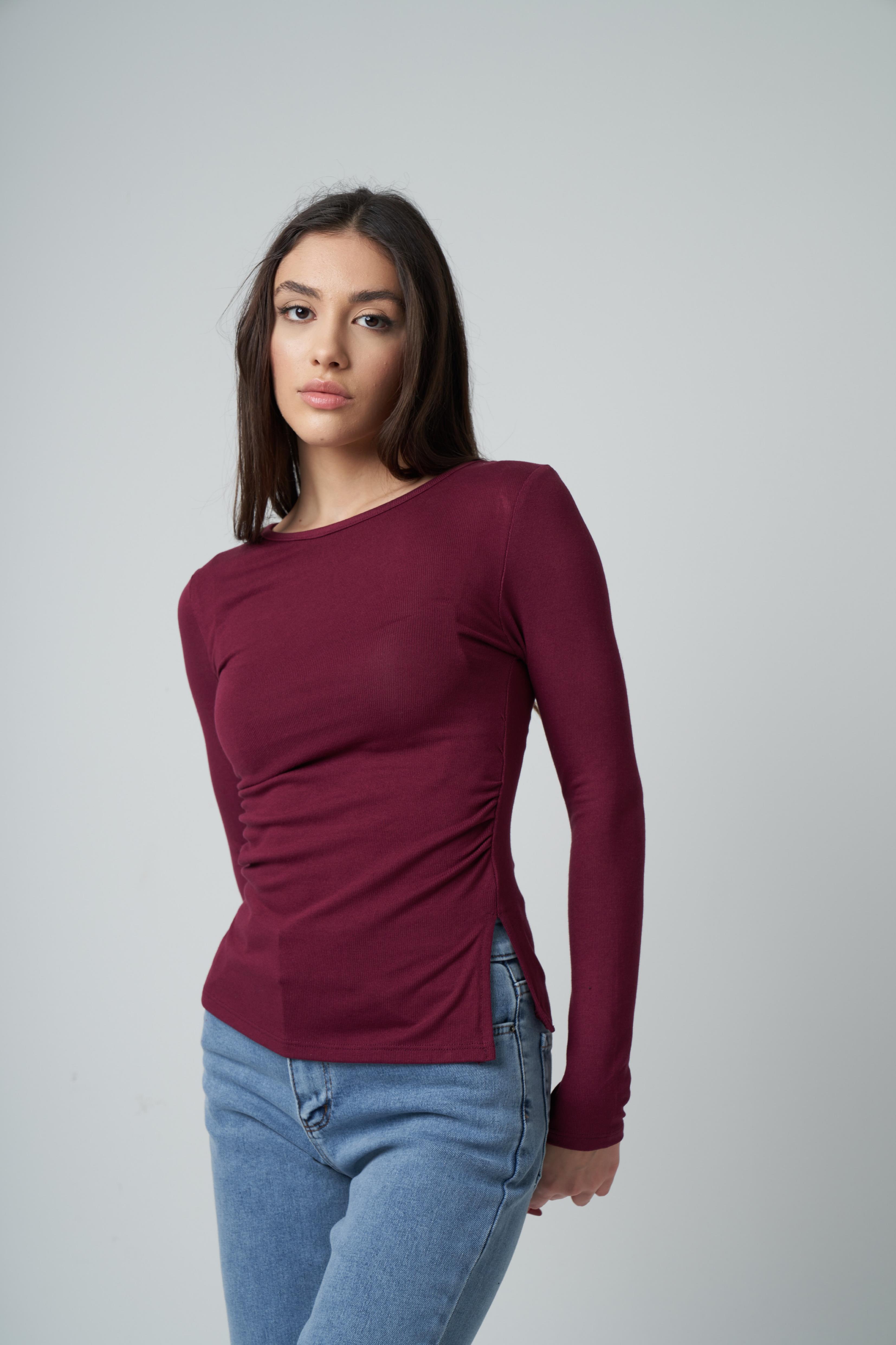 Yanlar Büzgülü Uzun Kol Bluz Bordo